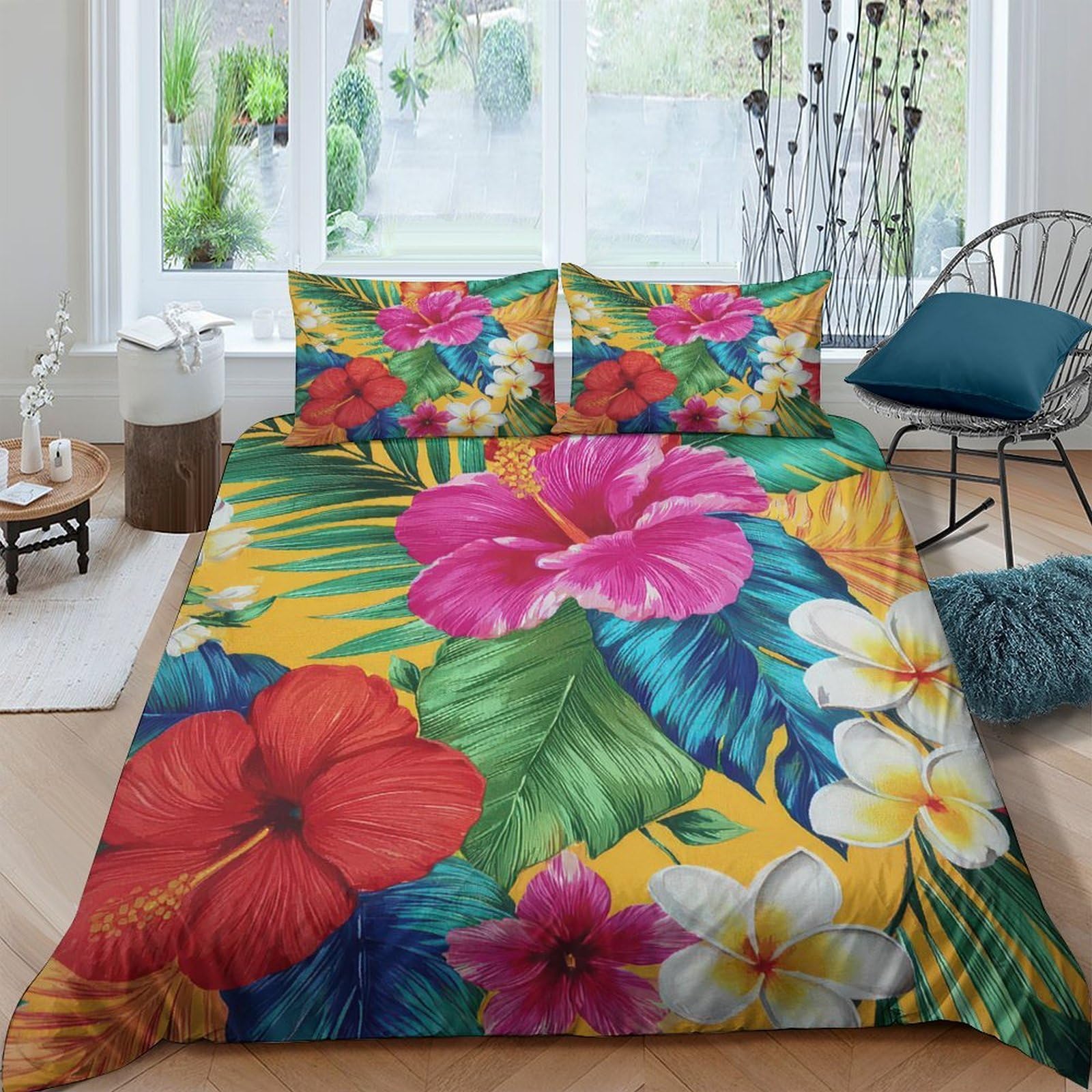 GPLZQXKJNH 3D Printed Tropical Flower Duvet Cover Microfiber Soft Breathable Hibiscus Bedding Set with 2 Pillowcases for Bedroom Decor Single（135x200cm）