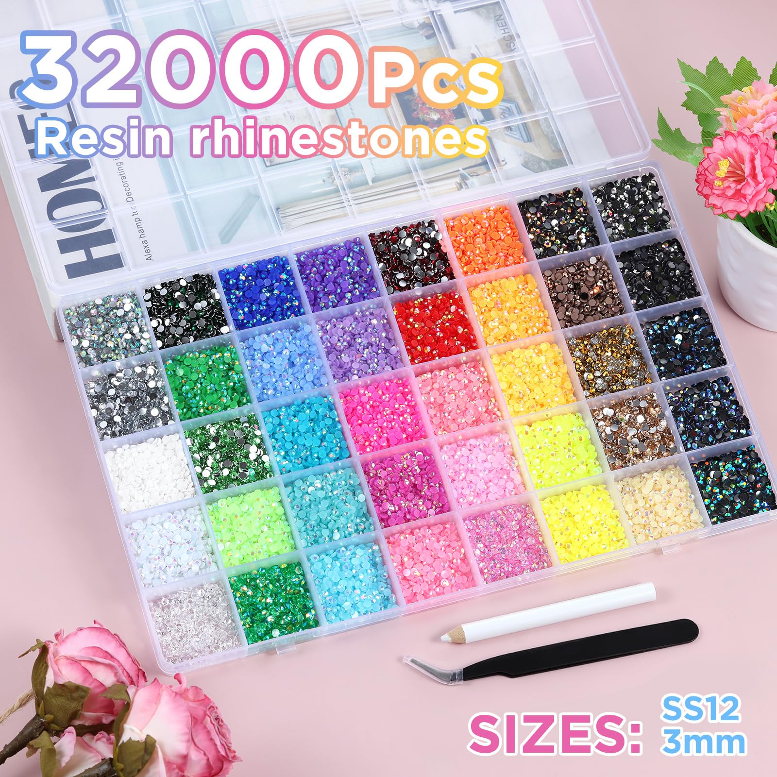 Zefy 40 Farben 3mm Jelly Strasssteine, 32000 Stück Glitzersteine Bedazzler Kit, Flatback Rhinestones für Basteln Nägel Textilien Diamond Painting