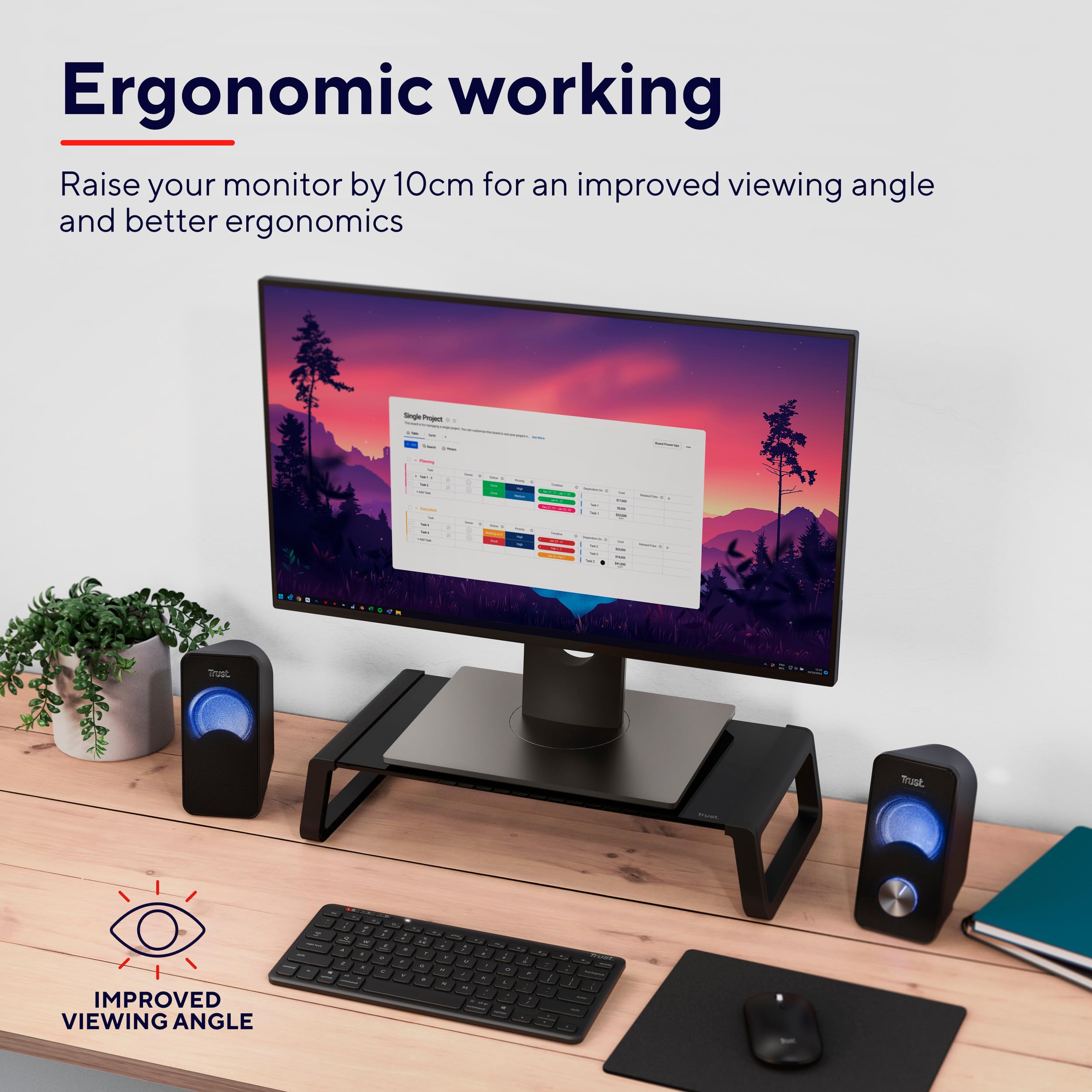 Trust Monta stojak na monitor 41 x 22 x 10 cm ze szkła hartowanego, czarny | Podwyższenie ekranu, biurko podwyższające monitor, stojak na laptopa, monitory, komputer, notebook, komputer Mac PC, biuro