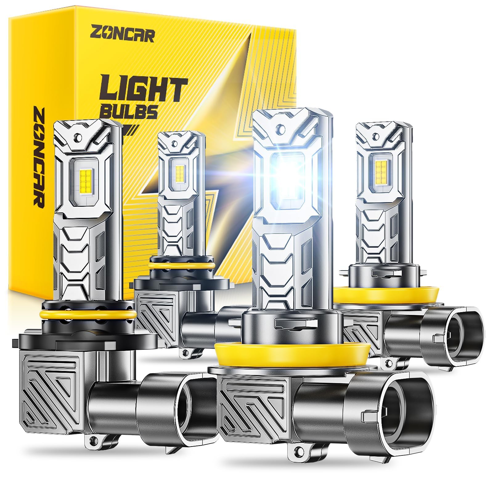 ZonCar 9005 H11 Fog Light Bulbs Combo, 10X Brighter 100,000LM 6500K White HB3 H8 Driving Light Bulbs, 1:1 Size Plug N Play, 60,000hrs Long Lifespan, No Flicker, 99% Compatibility, Box of 4