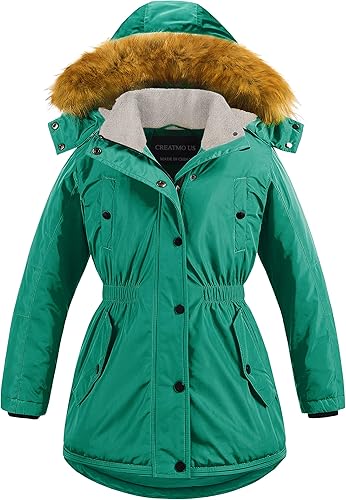 CREATMO US Chaqueta de esquí acolchada con cuello recortado de sherpa para niña