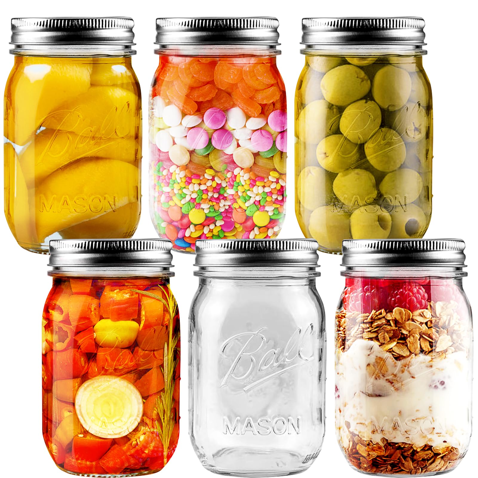 Showvigor6 Pack Wide Mouth Mason Jars 16oz Glass Canning Jars with Airtight Lids and Bands for Preserving, Jam, Honey, Jelly, Wedding Favors, Sauces, Meal Prep, Overnight Oats, Salad, Yogurt