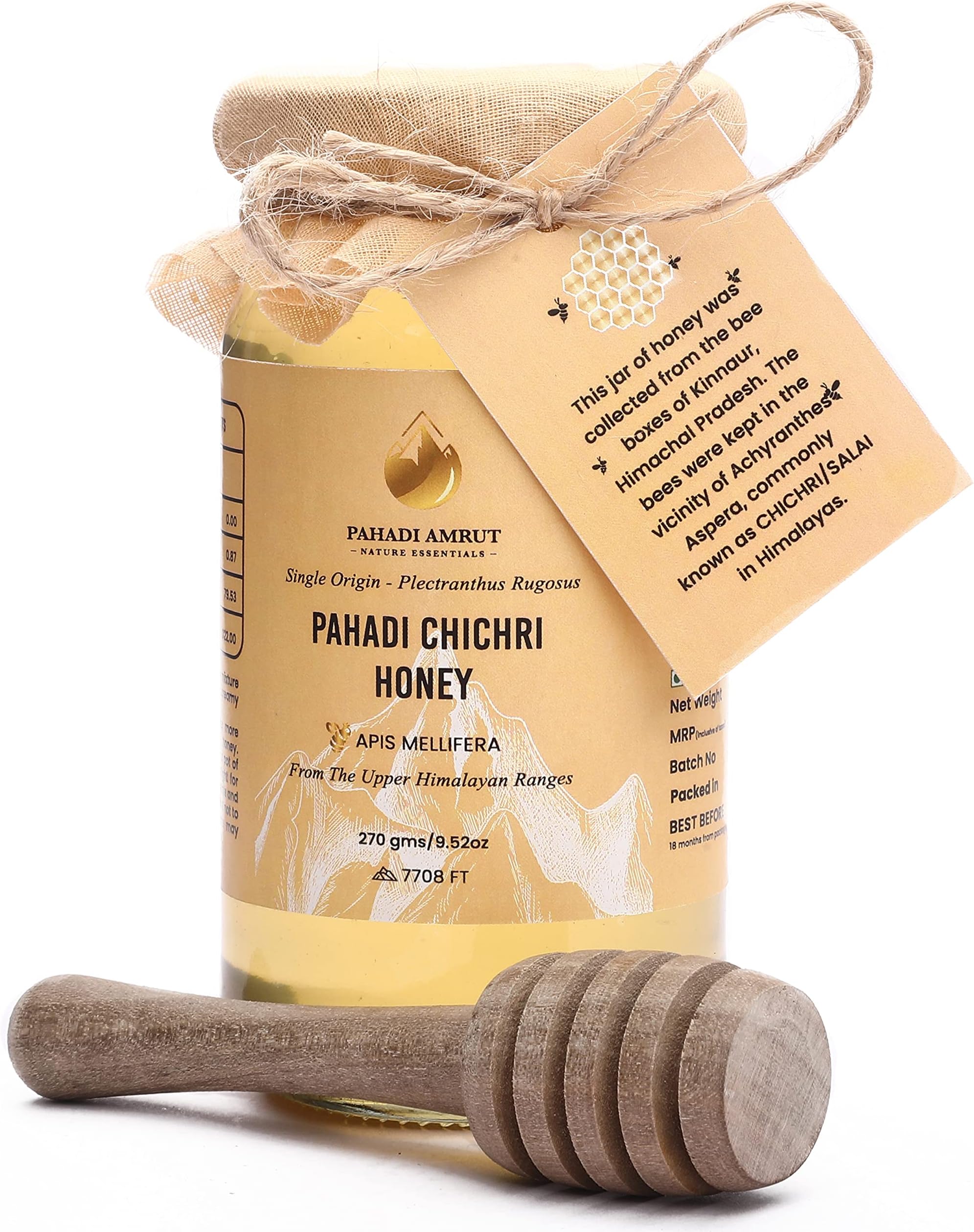 Chichri Honey, 270 gms with Wooden Honey Dipper | Single Origin Raw Himalayan Indian Borage Honey | 100% Raw and Unprocessed | Traditionally Harvested In Kinnaur (Himachal Pradesh) At a Height of 7708 Ft | Limited Produce