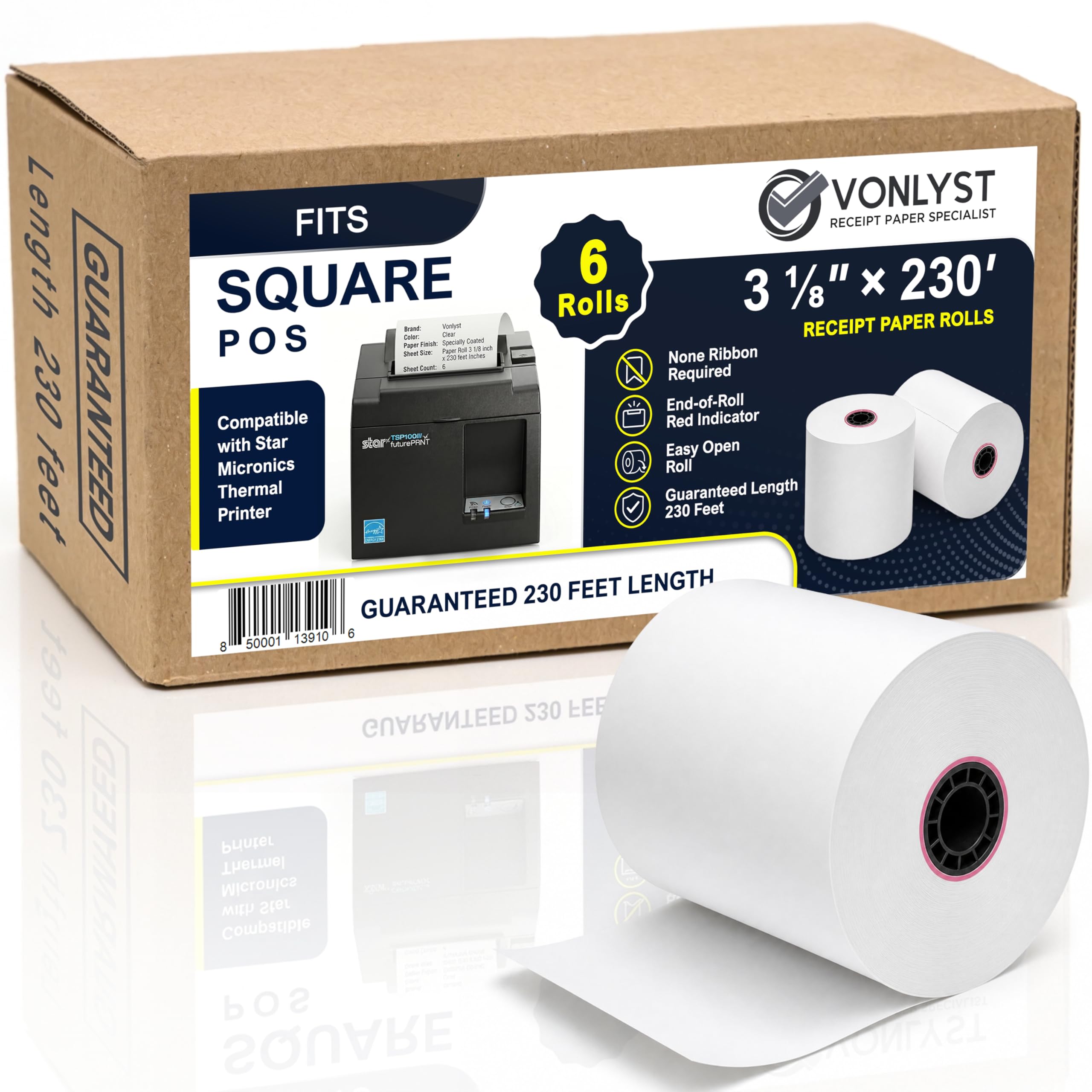 Rollo de papel de recibo de 3 1/8 x 230 para sistema POS cuadrado conectado a la impresora térmica Star Micronics (paquete de 06 rollos)