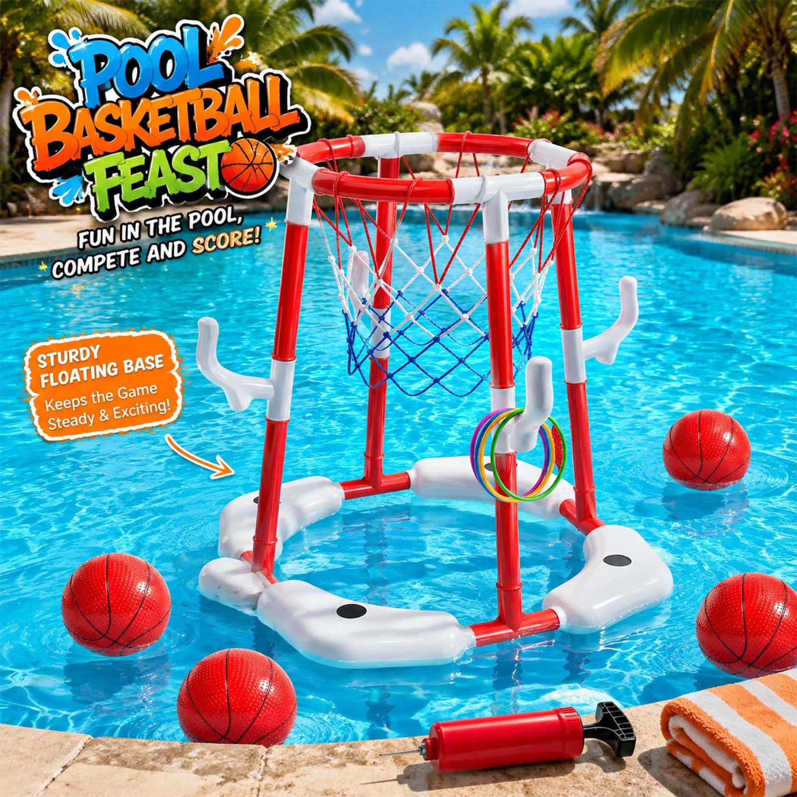 2-in-1 Pool Basketballkorb Ringwurfspiel 4 Bällen 4 Ringen Pumpe Wasserspielzeug Rot