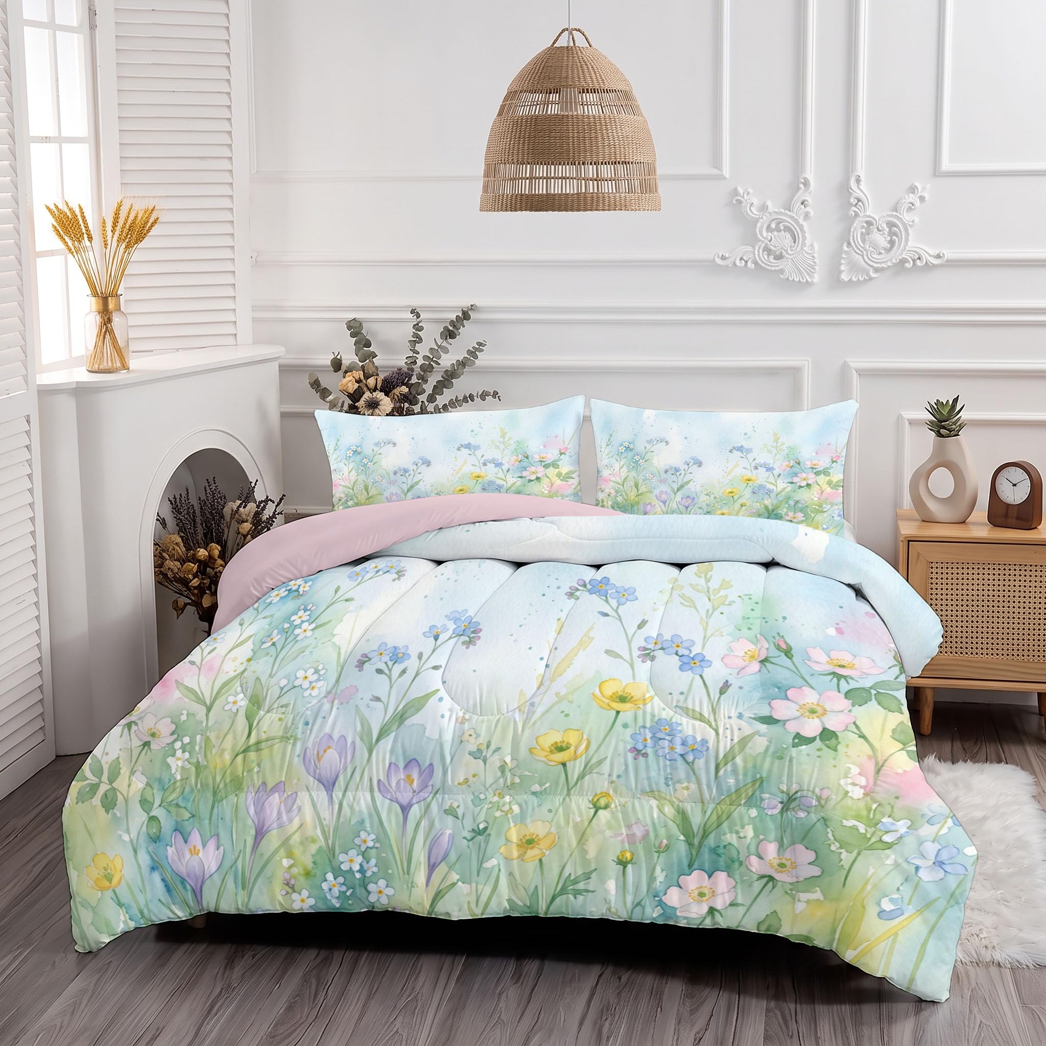 Trapunta Paesaggio Primaverile Fiori Selvatici, Piumino Matrimoniale 4 Stagioni | 200X200 Cm Con Federa 50X80, Piumone Leggero In Microfibra, Trapunta Reversibile Casa Piante Acquerello, Azzurro