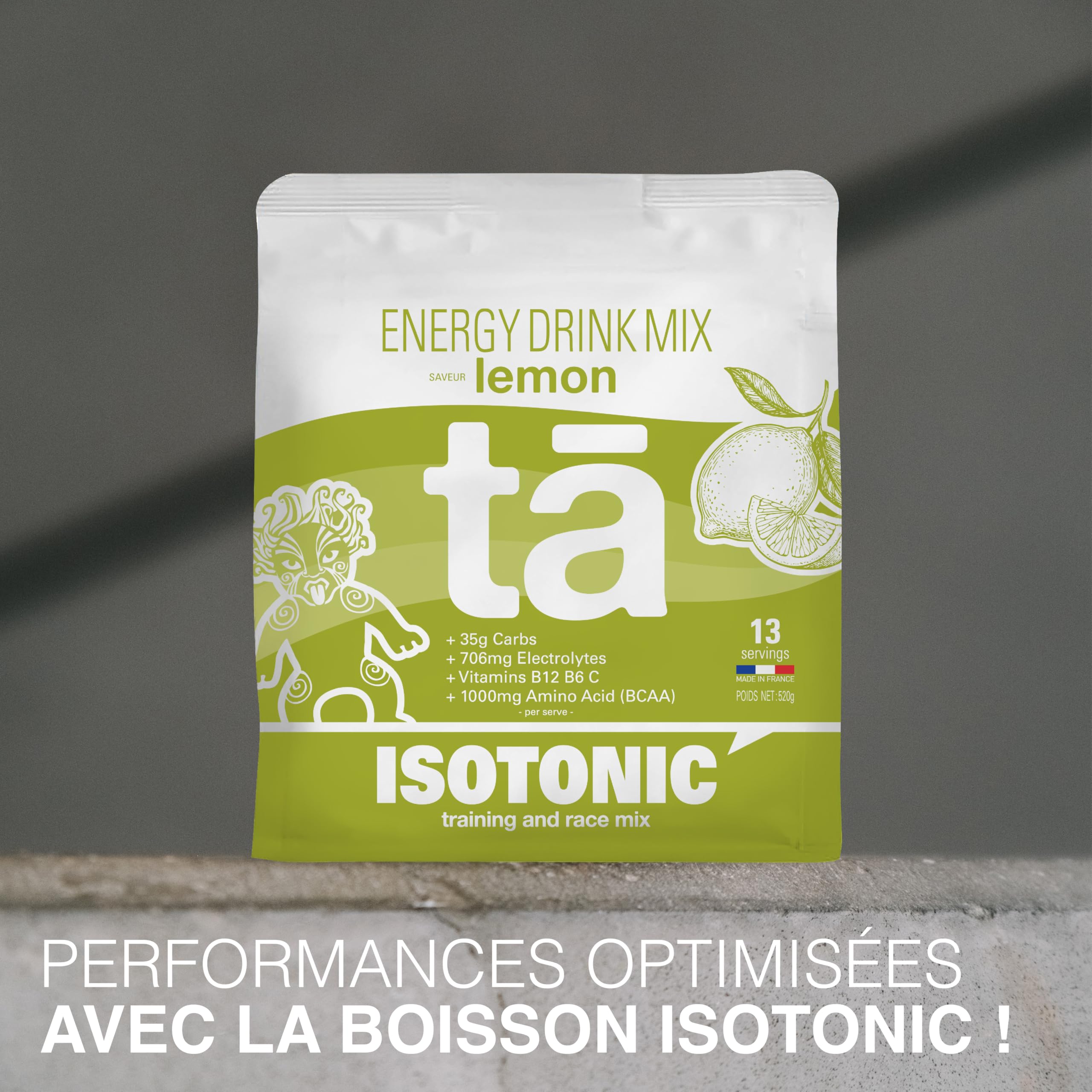 Boisson Énergétique fabriquée en France. Apport en Glucides, Electrolytes (sodium, magnésium, potassium) Vit (C, B6, B12) et BCAA. Sac de 520g soit 13 bidons de 500ml (Citron)