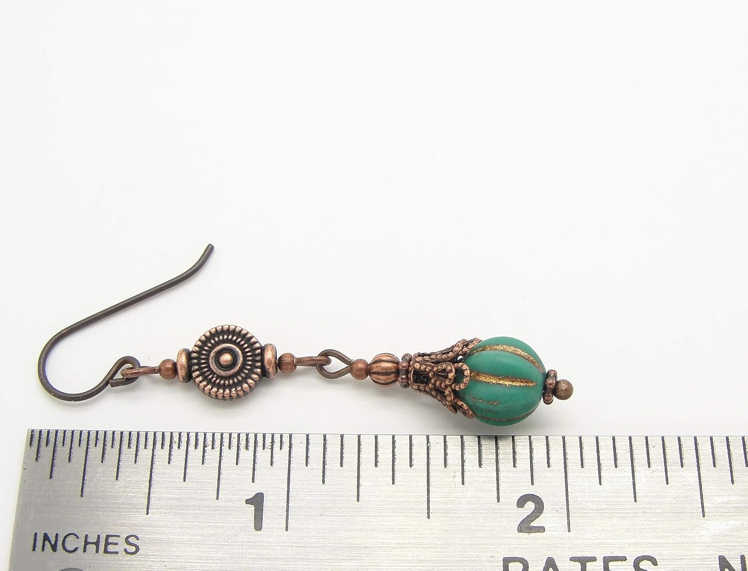 Long Boho Blue Green Earrings in Antiqued Copper