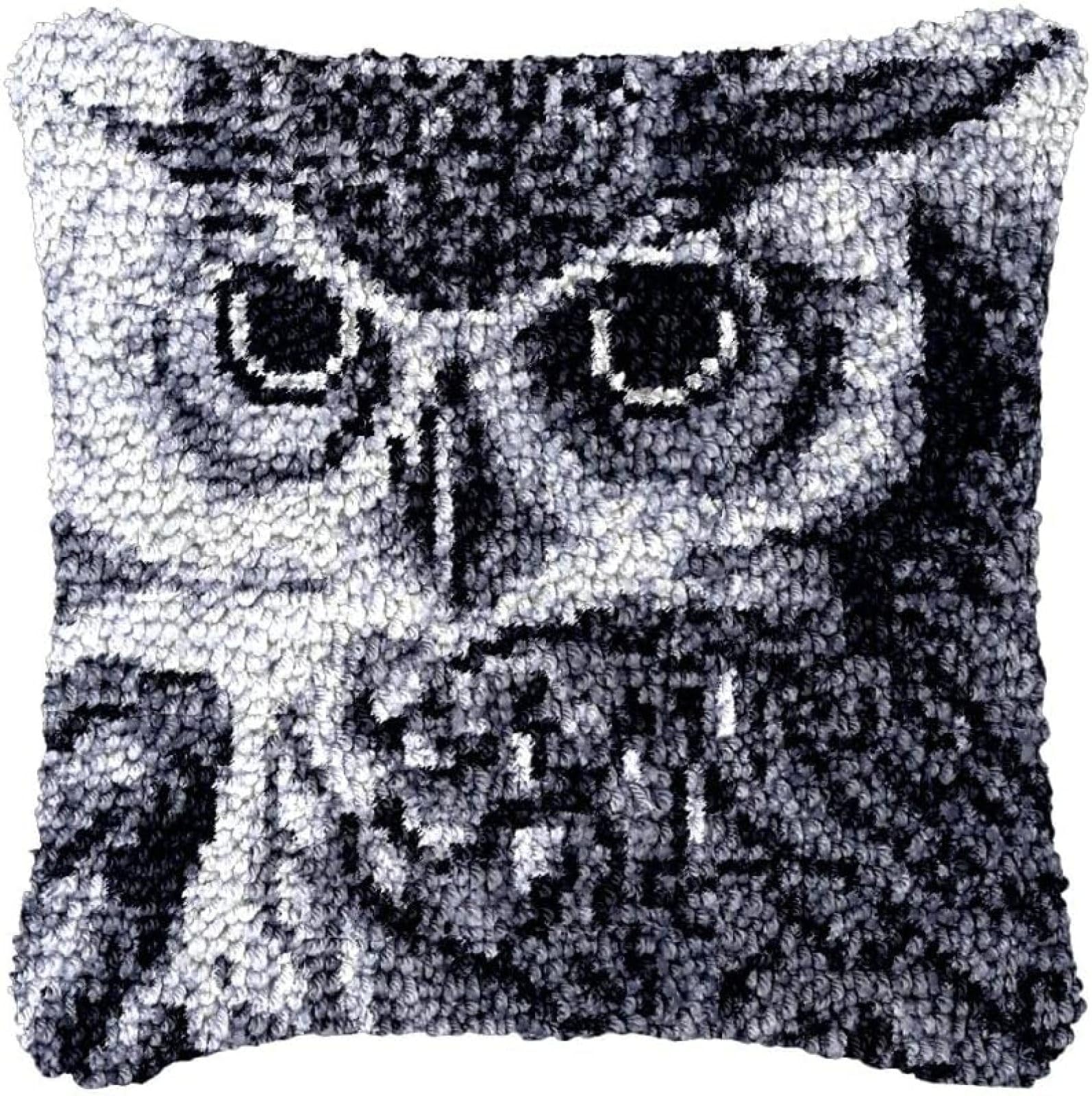 Grey Owl Latch Hook Cushions Pillow Cover Kits for DIY Handmade Throw Pillow Cross Stitch Latch Hook Pillowcase Rug Kits with Pre Printed Canvas Crochet Yarn Kits Needlework Crafts,43x43cm/17x17inch