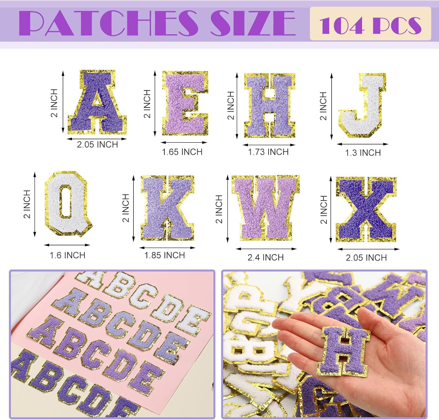 Fanfanwin 105 Pcs Chenille Letter Patches Self Adhesive Iron on Colorful Chenille Embroidered Patches with Gold Glitter Jean Stickers for Clothing Hat Backpack Bag Jacket(Purple Gradient Series)