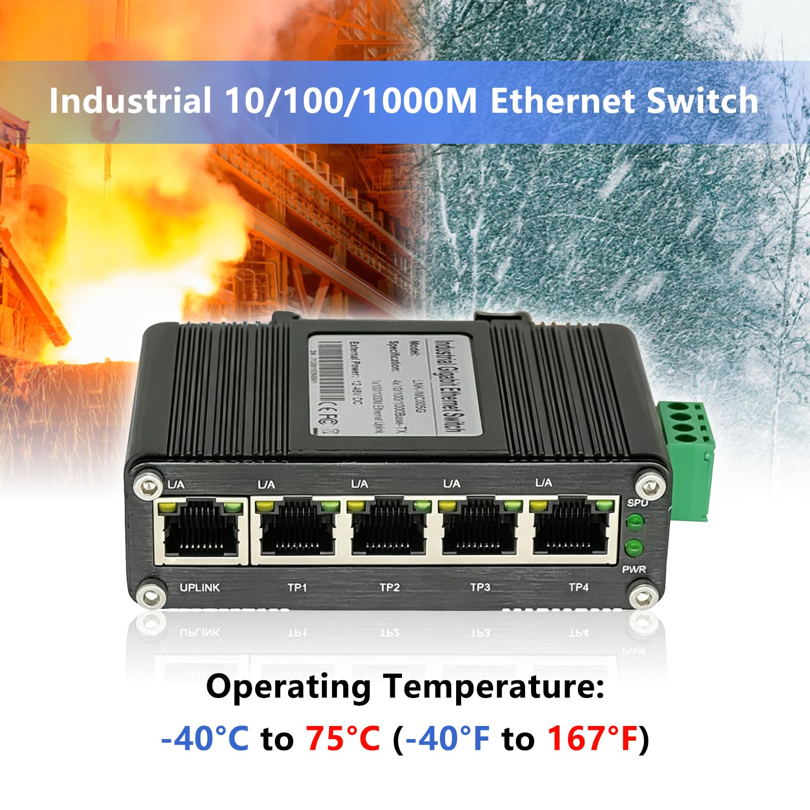 Mini switch industriale temprato Gigabit Ethernet a 5 porte, 10/100/1000 Mbps, montaggio su guida DIN e parete, da -40 a 167 F, capacità di commutazione 10 Gbps