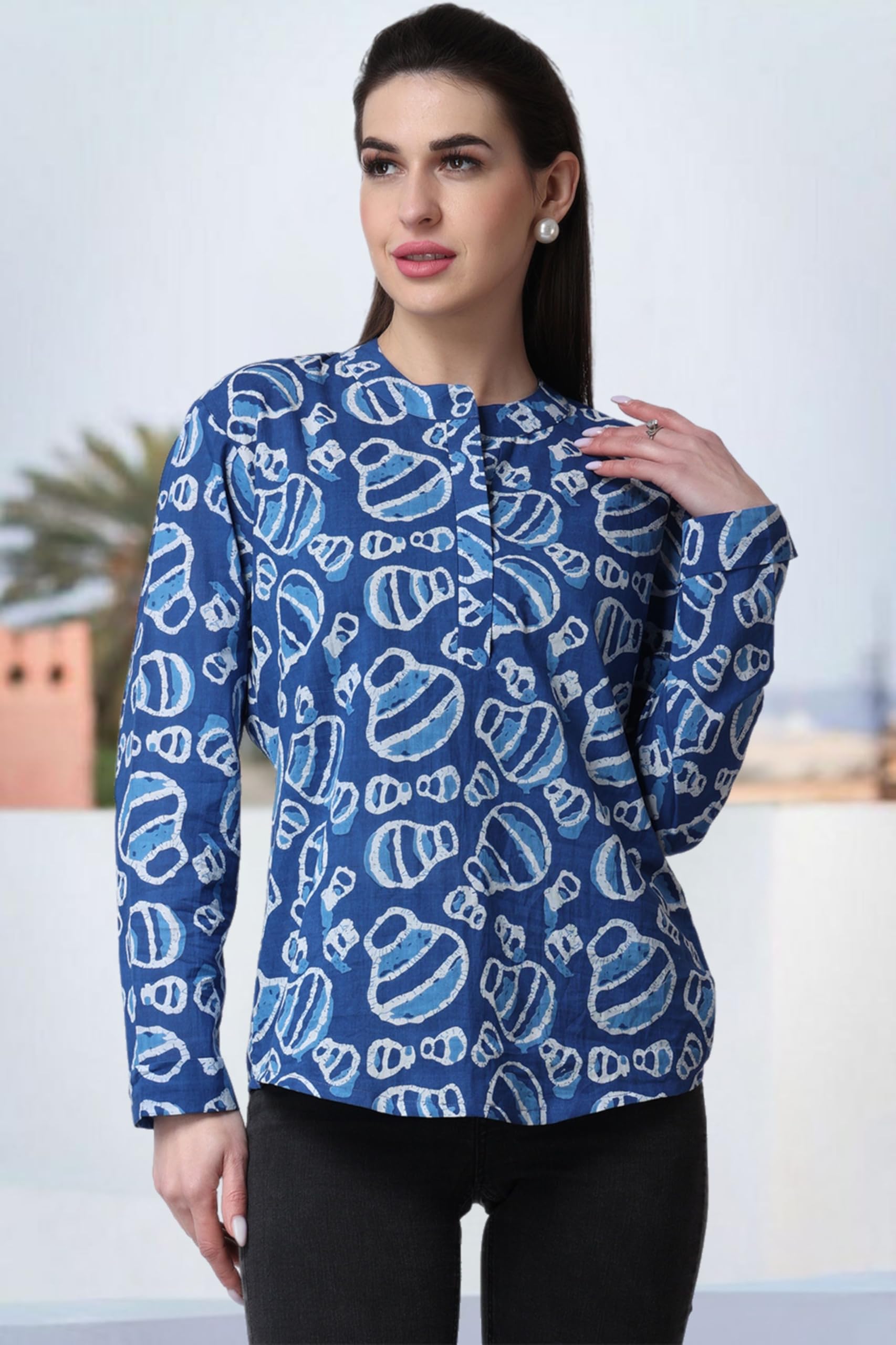 Popwings Casual Pure Cotton Bagru Ethnic Print Women Short Kurta Indigo Blue