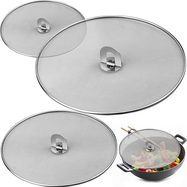 3 Pack Splatter Screen for Frying Pan, Stainless Steels Platter Guard with Fold Flat Knob Splash-Proof Scald Oil Proof Strainer, Drain Board (9.8 inch, 11.4 inch, 13 inch)