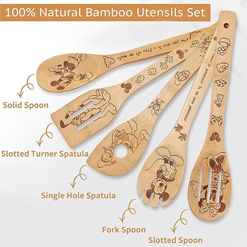 Miniatura 4 de Juego de 9 cucharas de madera de ratón para cocinar, juego de utensilios de cocina de bambú de Mickey con delantal, manoplas de horno, juego de