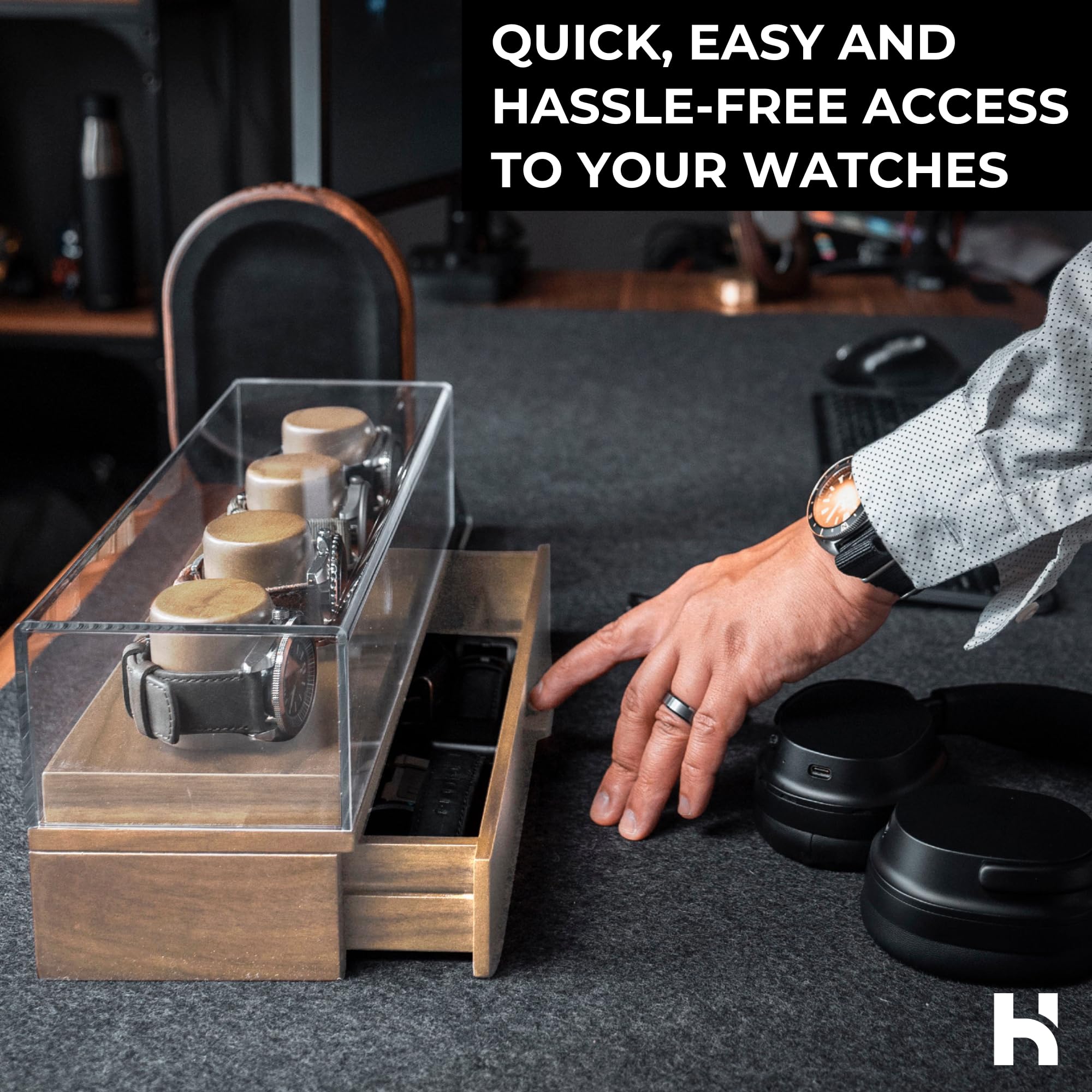 Holme & Hadfield Verhoog uw horlogecollectie met The Watch Deck - Premium Horloge Display Case voor 4 Horloges - Luxe Houten Mens Horloge Box & Horloge Case - Levenslange garantie inbegrepen