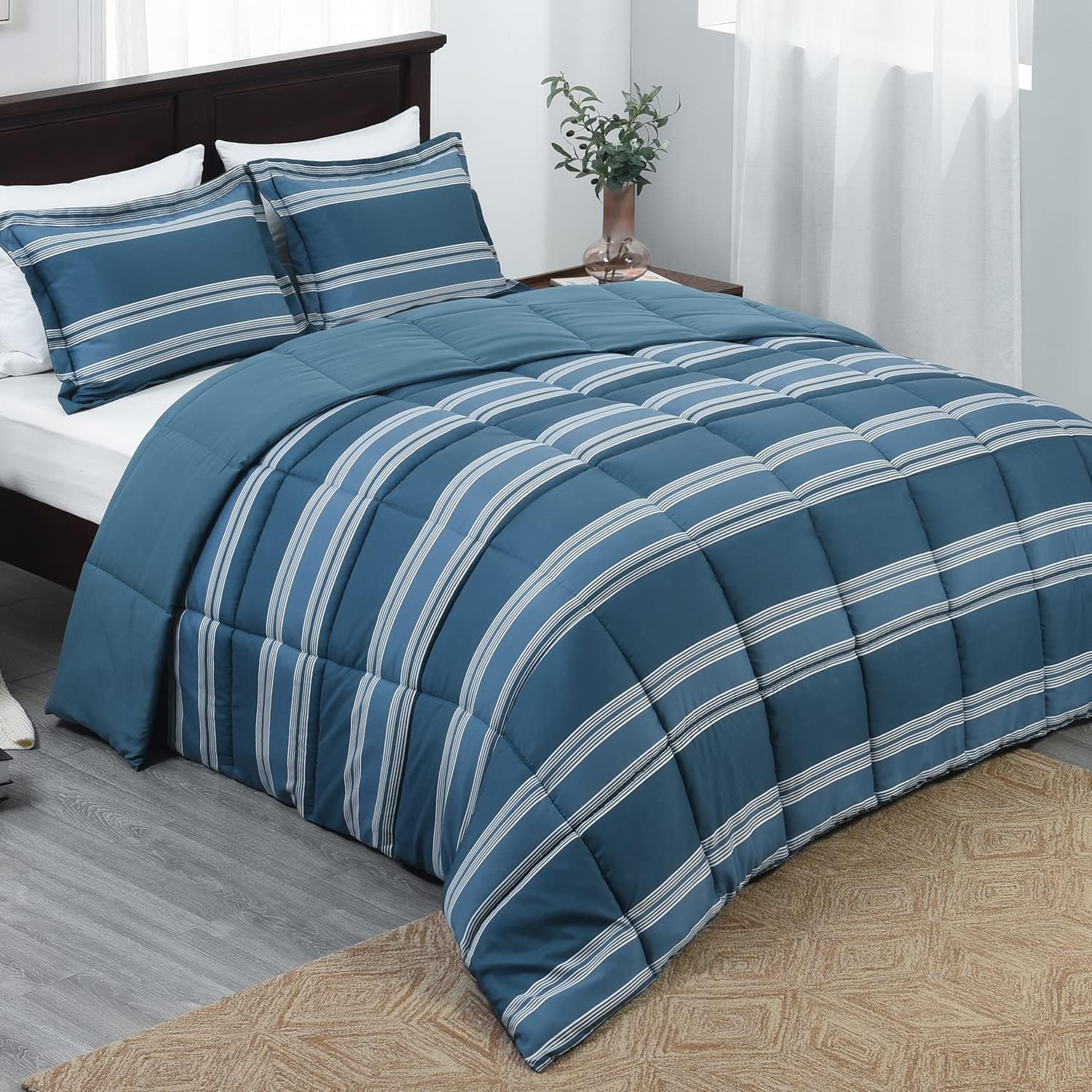 Basic Beyond Twin Comforter Set Blue and Grey Striped
