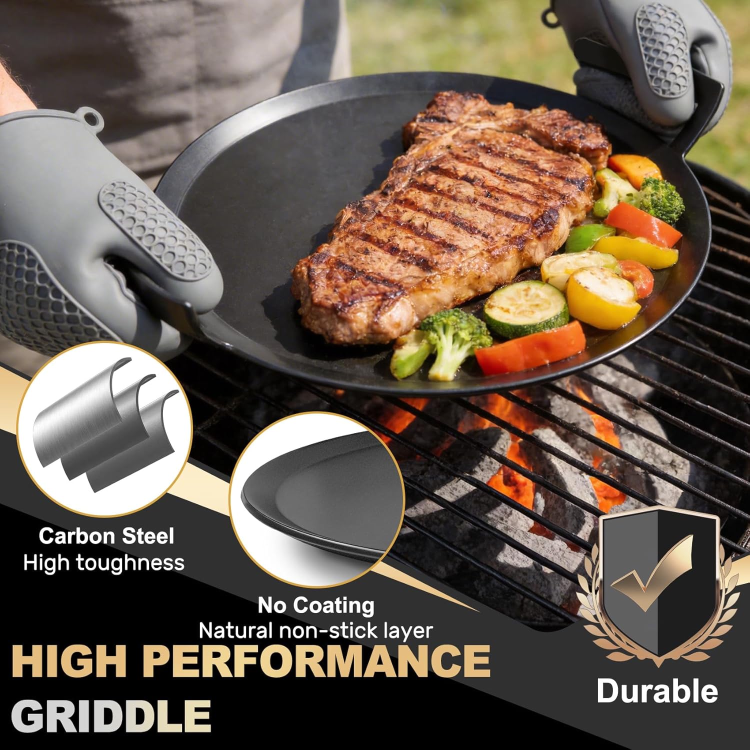 Universal 17" Round Carbon Steel Griddle for Grill Gas/Electric Stove Induction Cooktop and Oven, Thick Heavy-duty Carbon Steel, Vegetable Oil Pre-seasoned Nitrided Coating Process