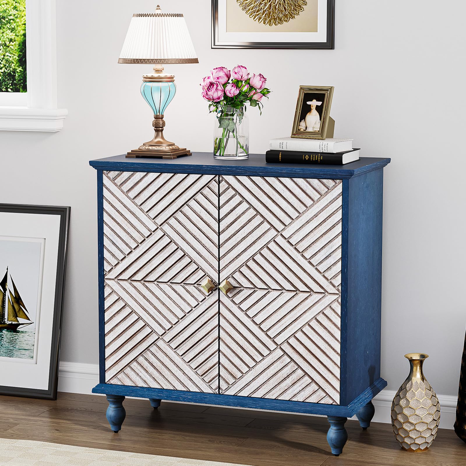 LOHDLE Antique Wood Carved Accent Cabinet with 2 Doors, Rustic Sideboard Buffet Cabinet with Storage, Antique Credenza for Living Room Entryway