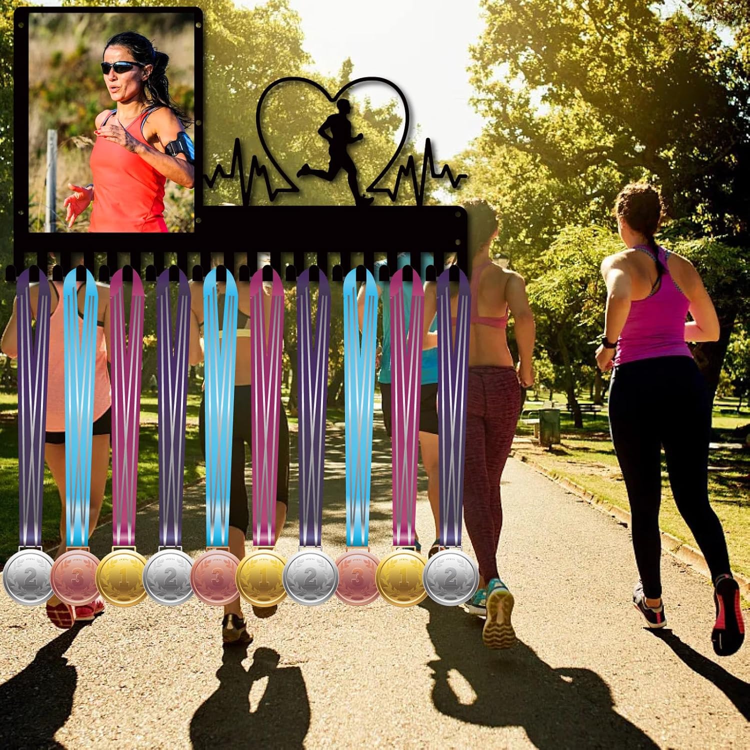 CREATCABIN Running Medal Hanger Display Heartbeat Run Medal Holder with Photo Frame Sports Wall Rack Case Metal Black Hanging Awards Mount Lanyard Organizer for Runner Marathon Athlete 16.5x9.8Inch
