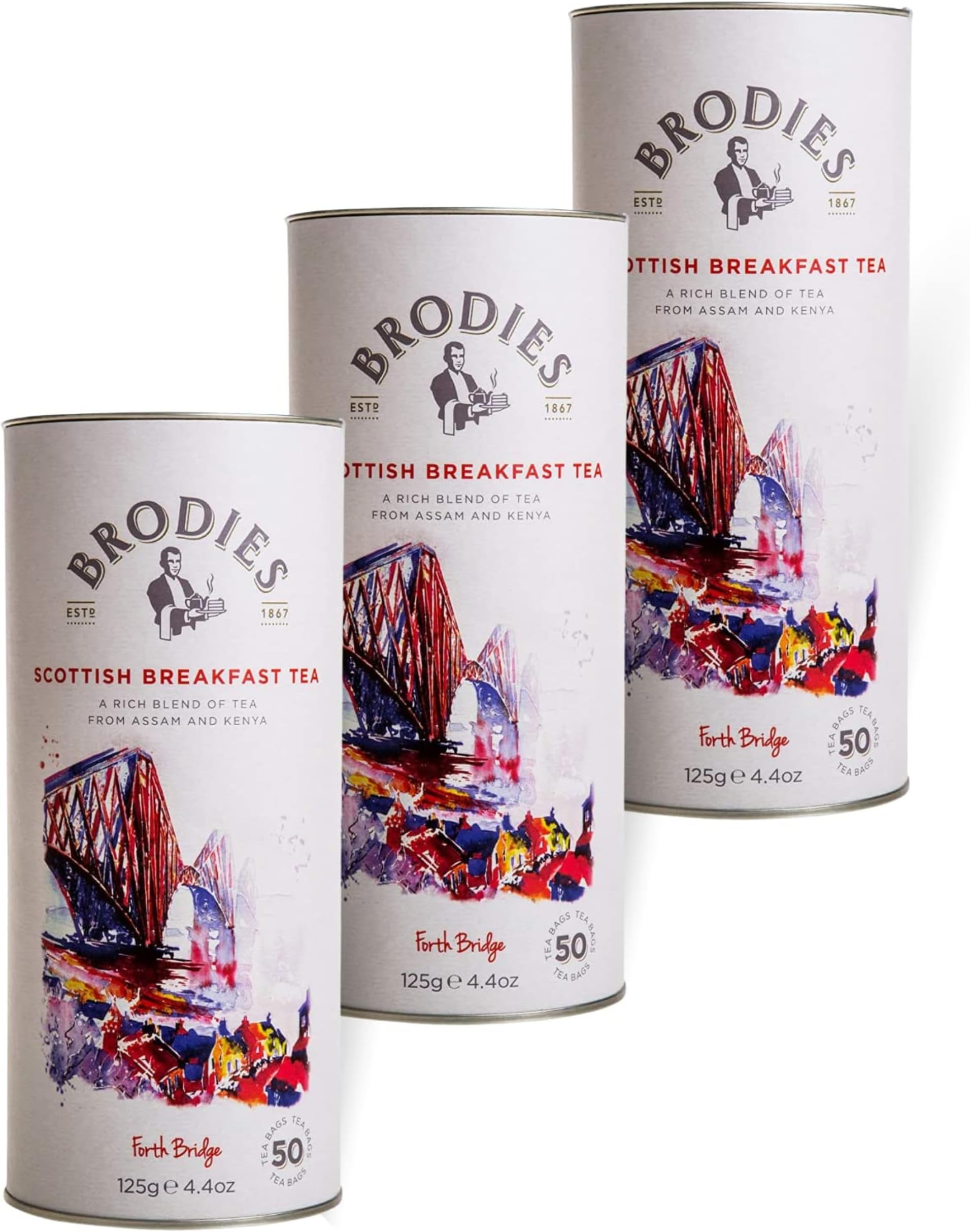 Brodies Tea, Scottish Breakfast Tea, Black Tea Imported from Scotland, Canister of 50 Bags (Pack of 3)