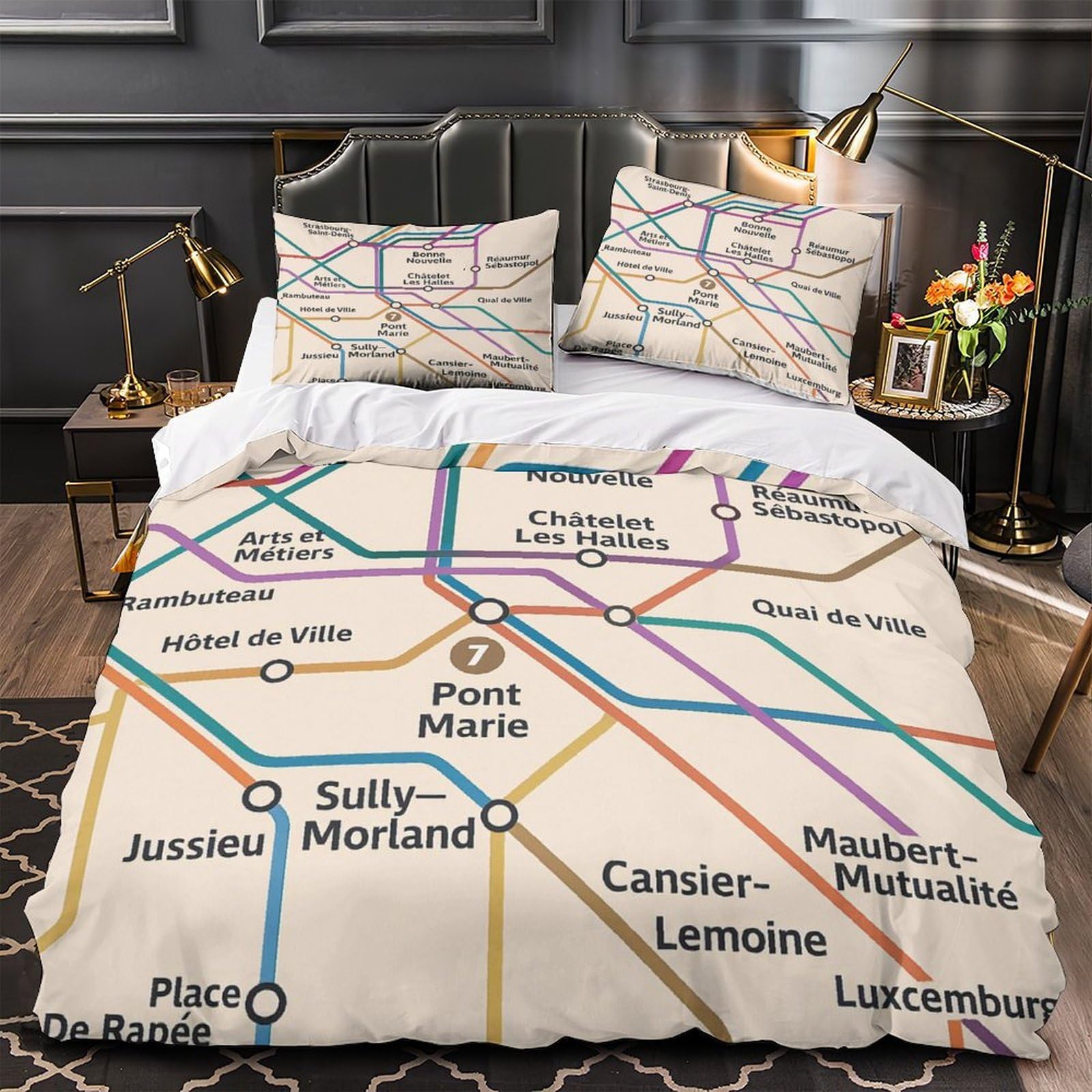 Parure de lit Paris Metro map en microfibre 140x200 cm avec taie d'oreiller