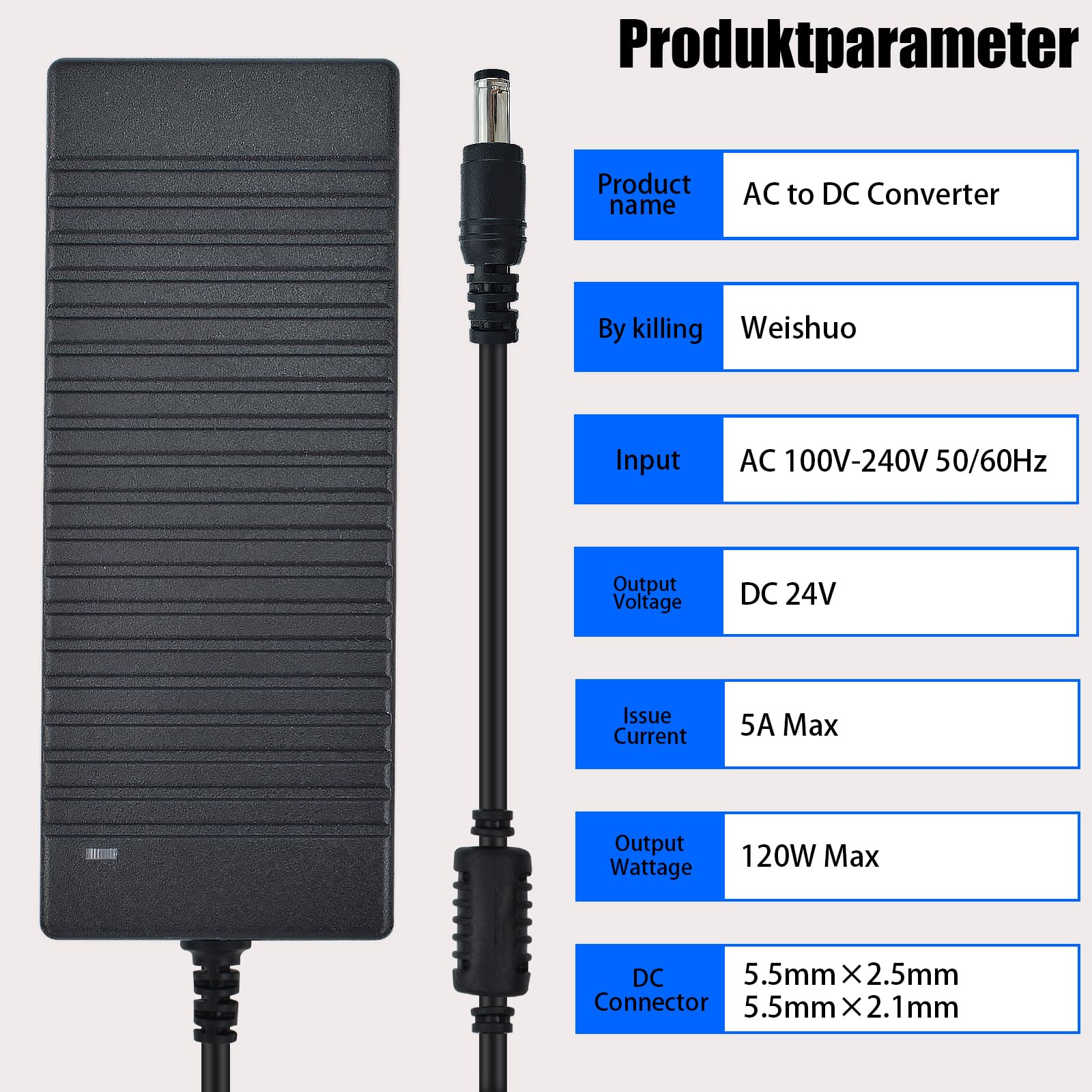 Netzteil 24V 5A 120W Spannungswandler 100-240V AC zu DC Transformator Trafo Netzadapter mit 5,5 x 2,5 mm DC Stecker für LED Streifen, Kamera, LCD Monitor und Mehr Geräte