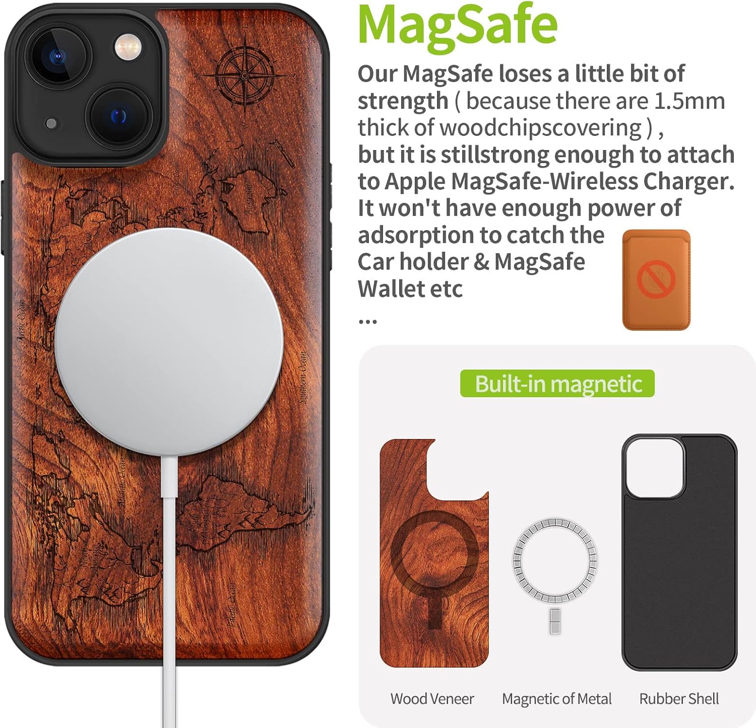 Carveit Magnetic Wood Case for iPhone 13 Case [Natural Wood & Black Soft TPU] Unique & Classy Wooden Shockproof Protective Cover Compatible with magsafe (Compass Maps -Rosy)