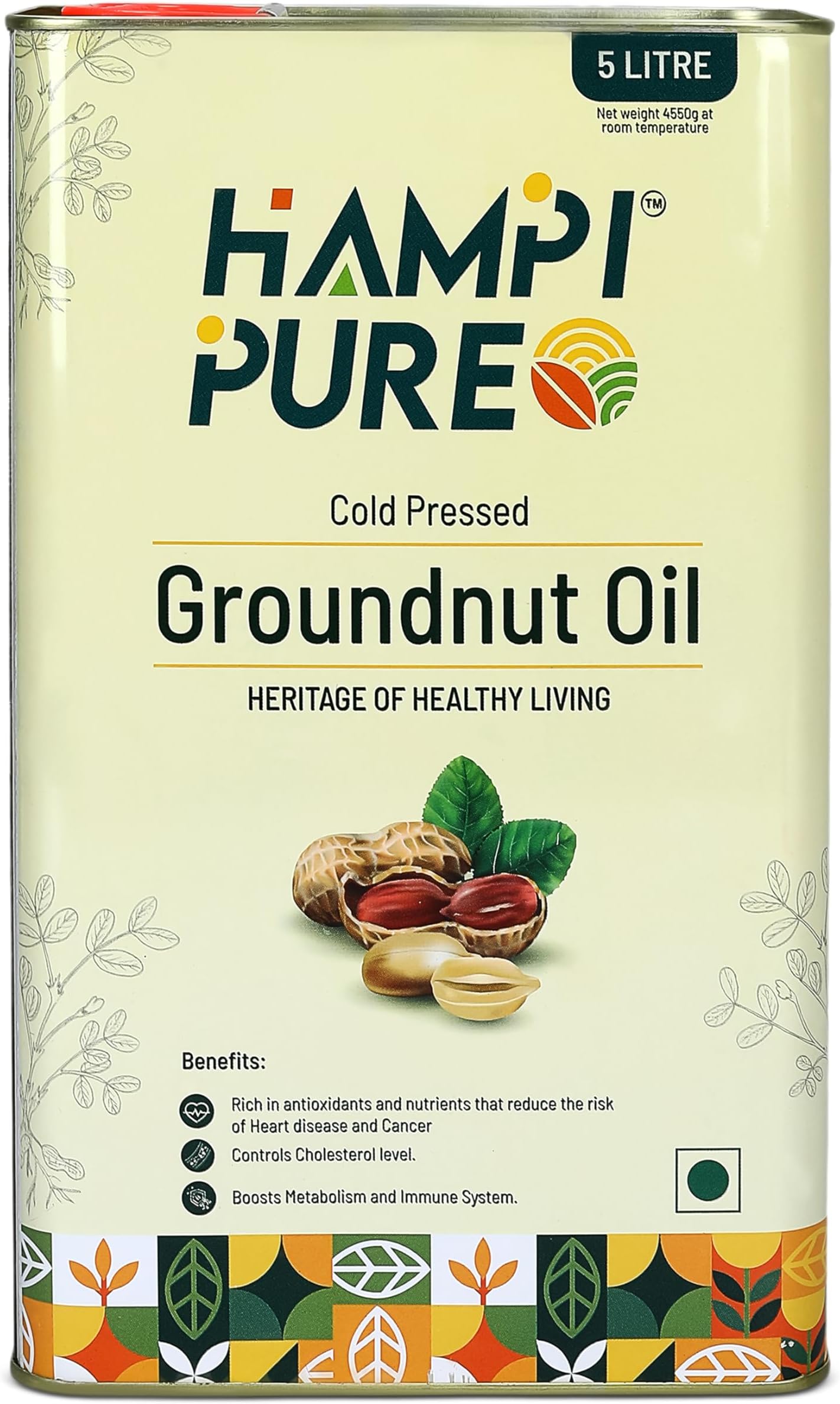 Hampi Pure Premium Cold Pressed Pure Groundnut Oil (Peanut) - 100% Natural, Unrefined, Wood Pressed, Rich in Nutrients, 5 Litre