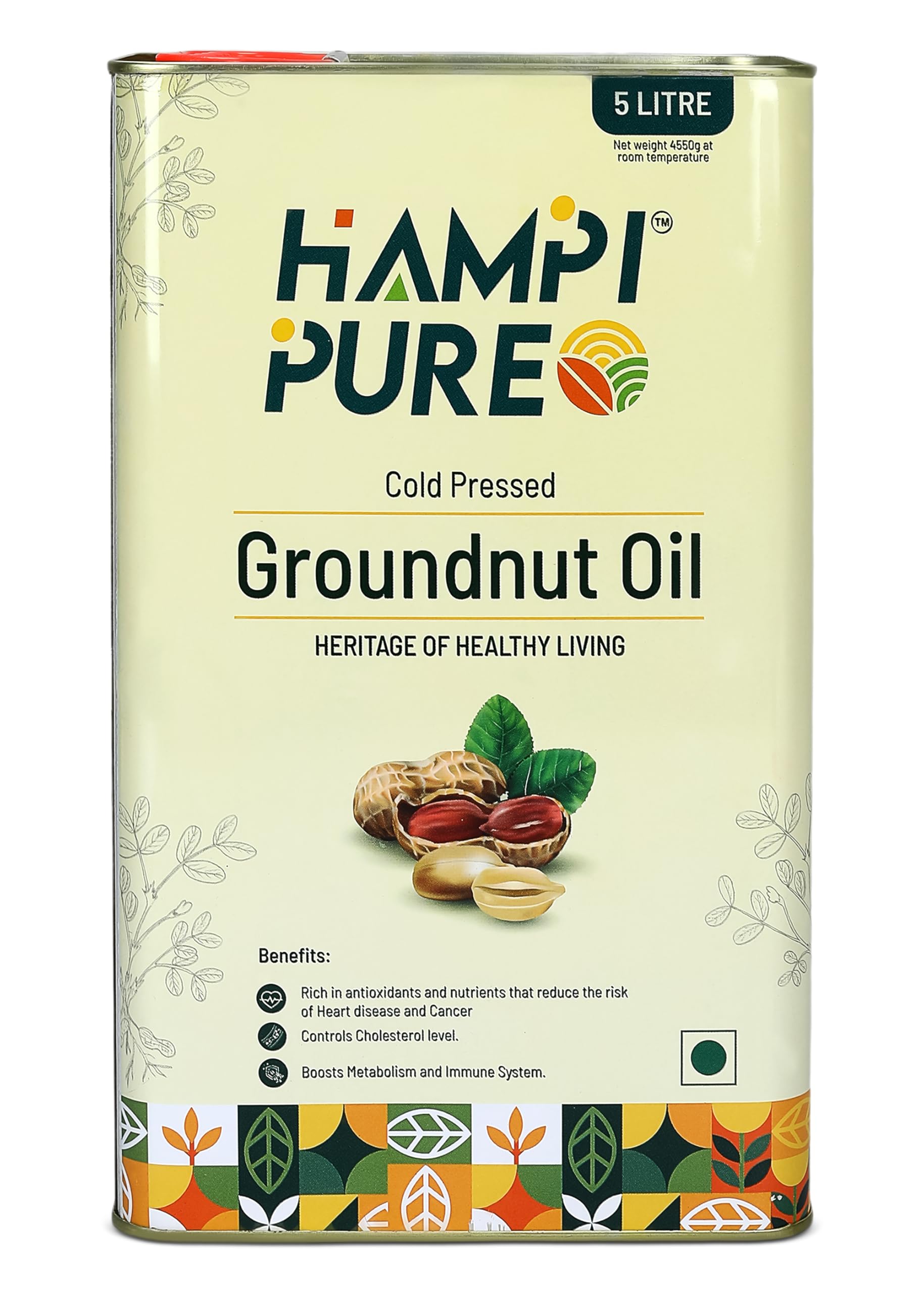 Hampi Pure Premium Cold Pressed Pure Groundnut Oil (Peanut) - 100% Natural, Unrefined, Wood Pressed, Rich in Nutrients, 5 Litre