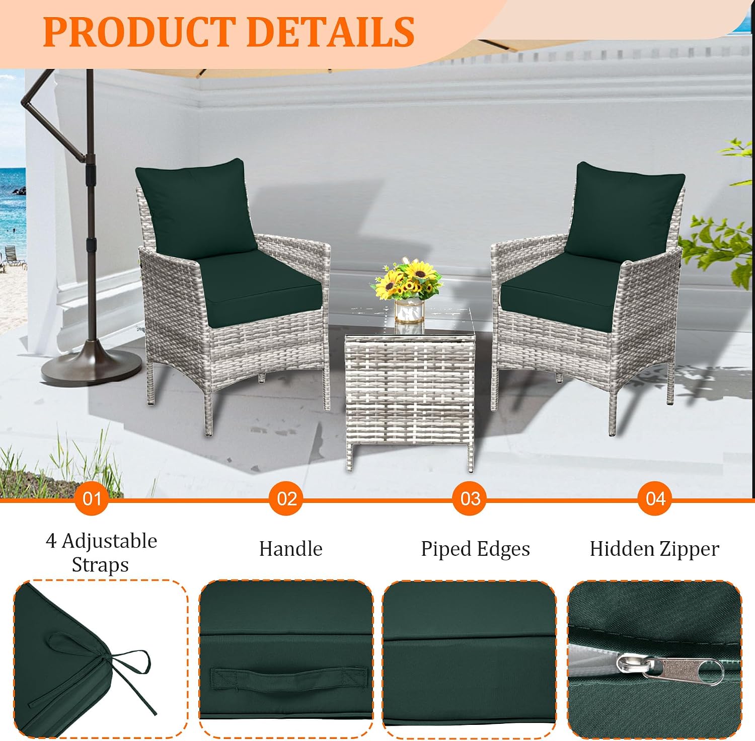 19x19x4in,Set2,Outdoor Chair Cushions with Back, Deep Seat Patio Cushions with Hidden Zipper Ties Handle, Waterproof Patio Furniture Replacement Cushion for Rattan Sofa,Dark Green