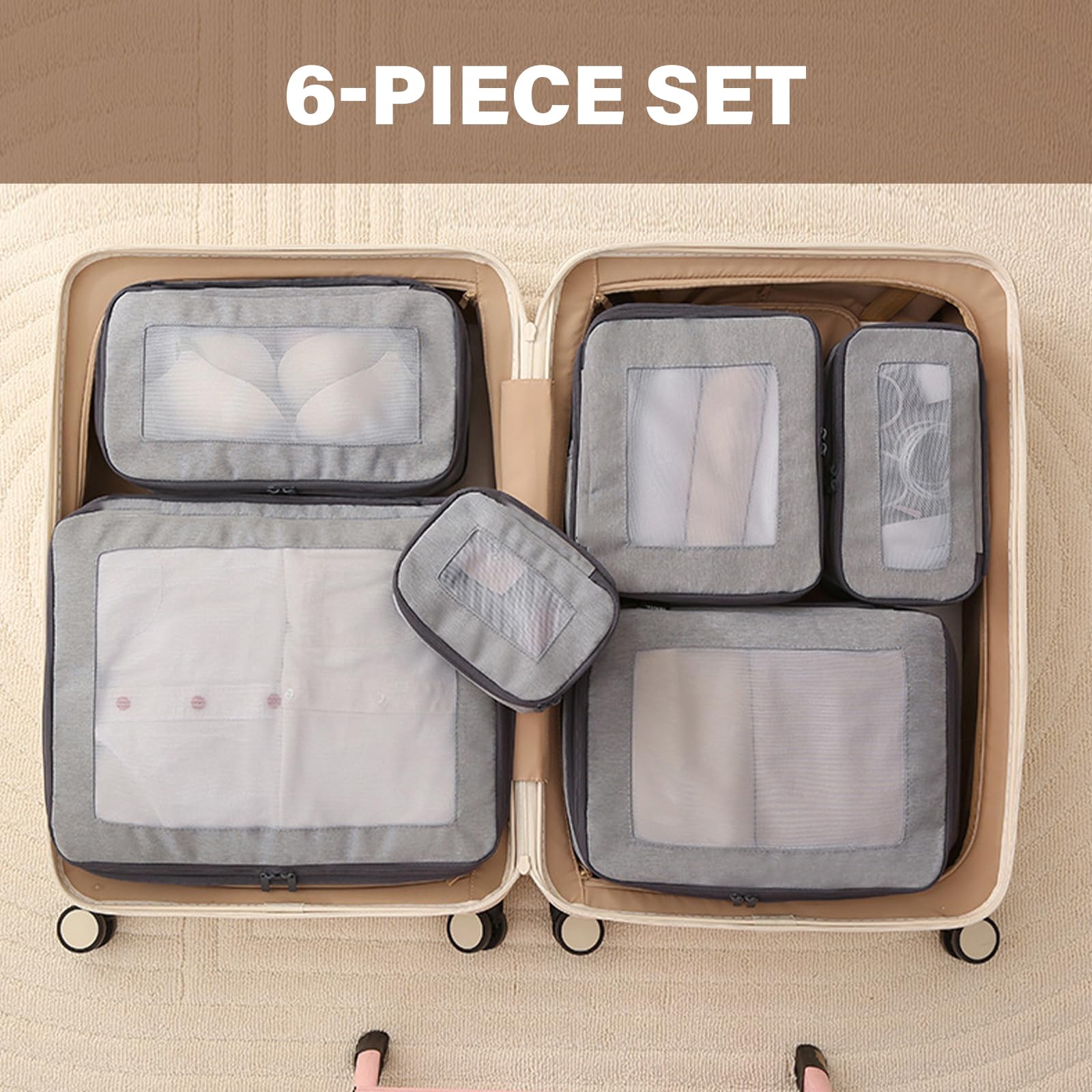 Set di 6 cubi da viaggio salvaspazio per bagagli, beige | Organizzatori per l'imballaggio efficiente di risparmio di spazio per le donne