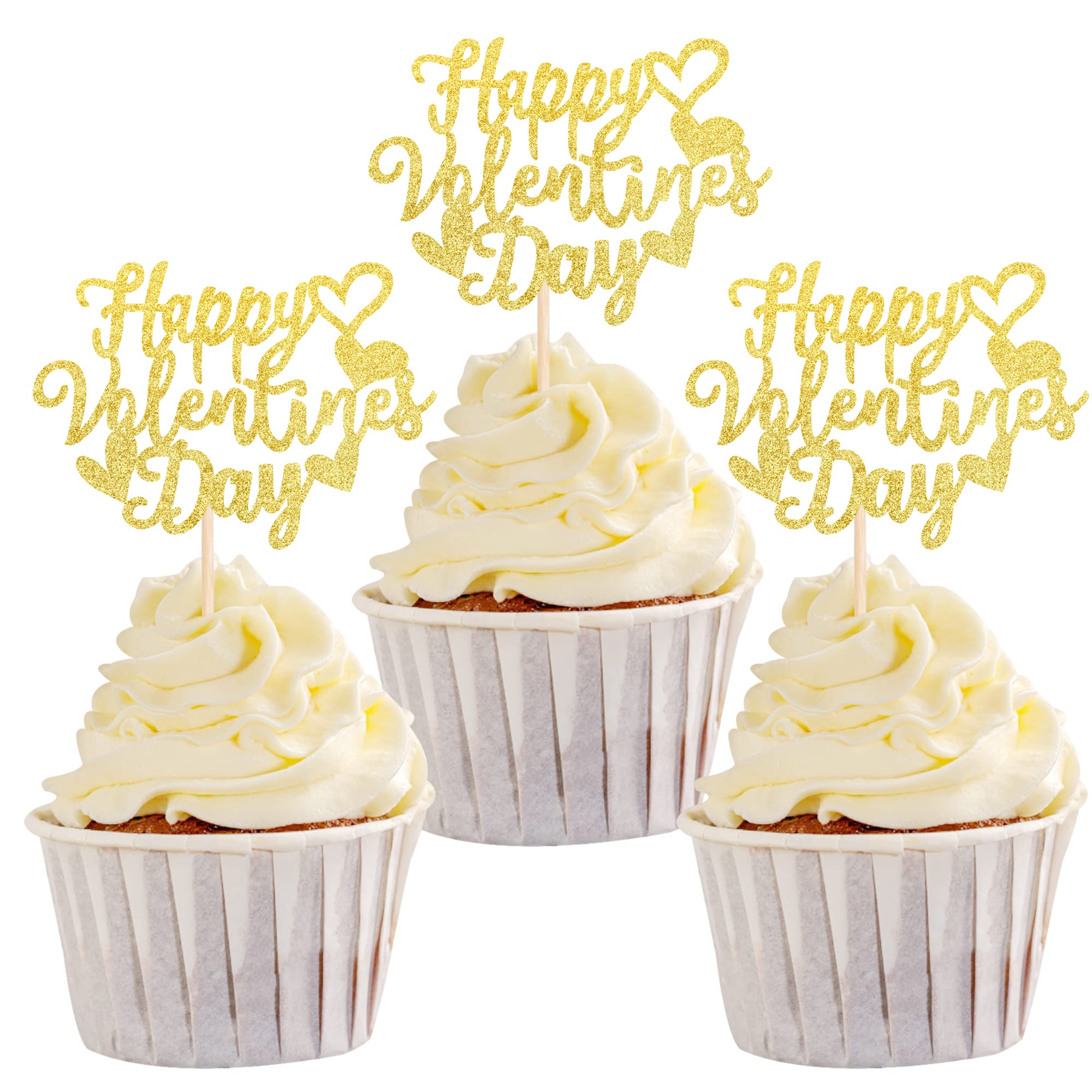 SYKYCTCY 24 Pack Happy Valentine's Day Cupcake Toppers with Heart Glitter Sweet Love Theme Valentine's Day Cupcake Food Picks Valentine's Day Theme Birthday Party Cake Decorations Supplies Gold