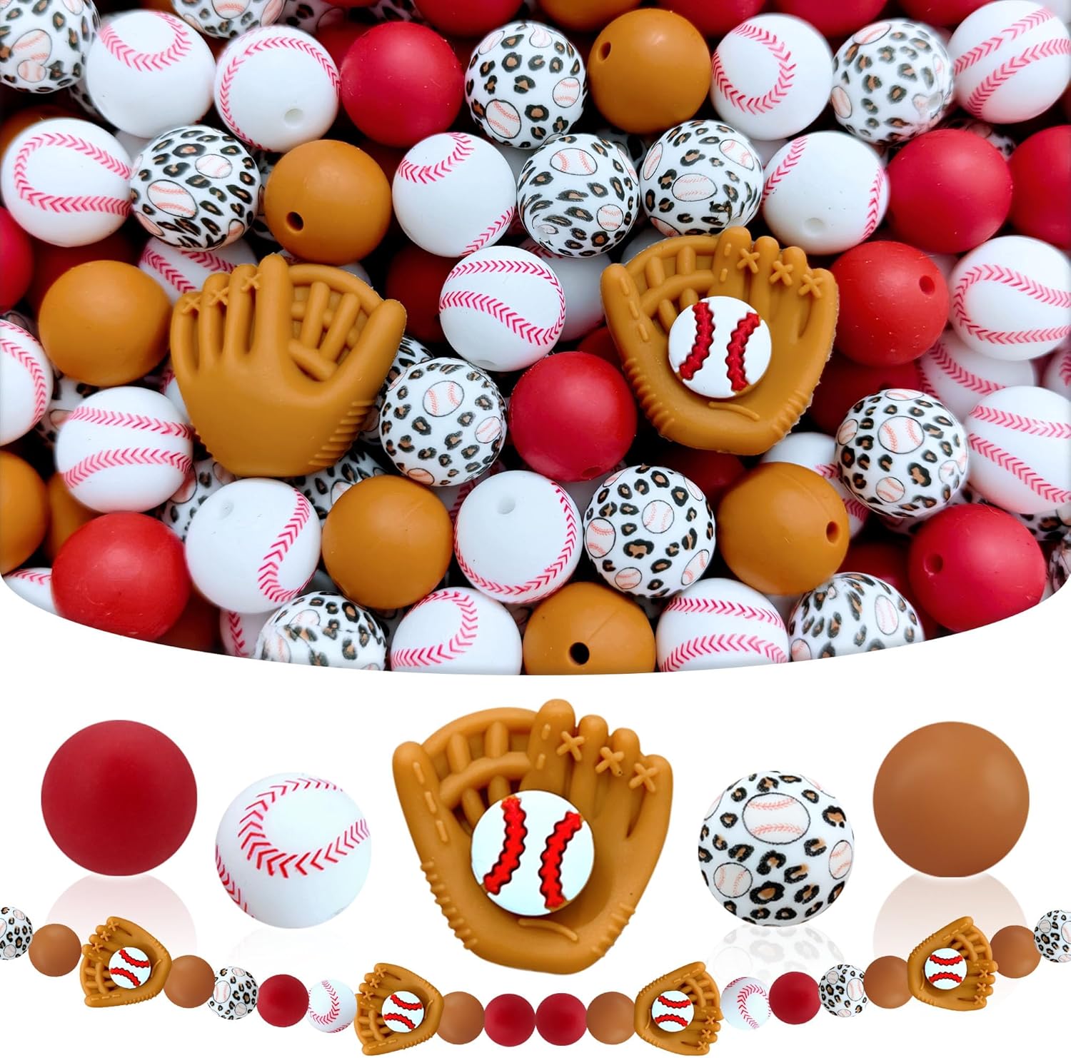 55 Sports Silicone Beads Baseball Theme Focal Beads for Keychain Pen Making Kits 15mm Beads for Necklace Bracelet Bag/Phone Chain Makings Suitable for Party Decorations and DIY Jewelry