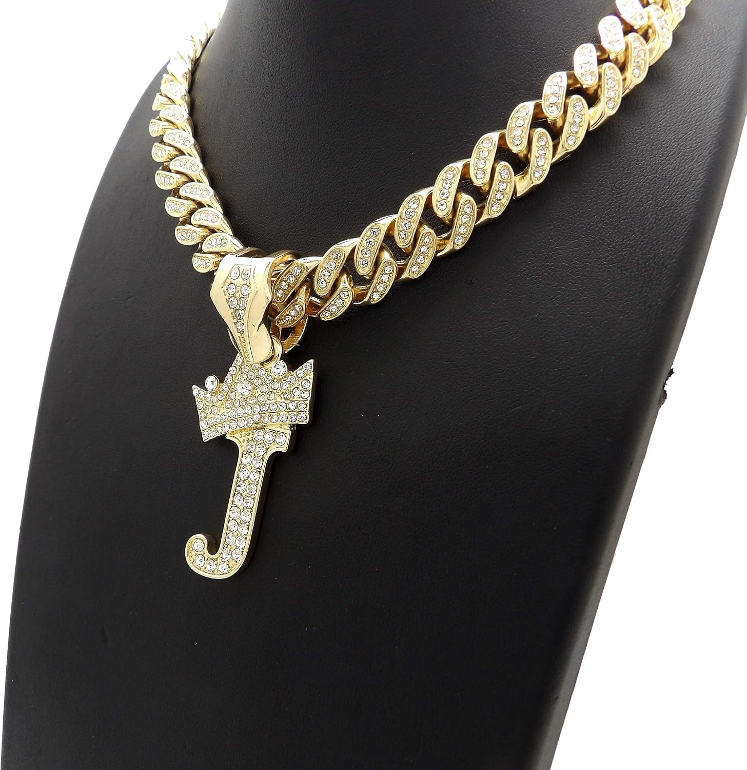 Hip Hop Alphabet Initial J Pendant & 12mm 18" Full Iced Box Lock Cuban Chain Necklace