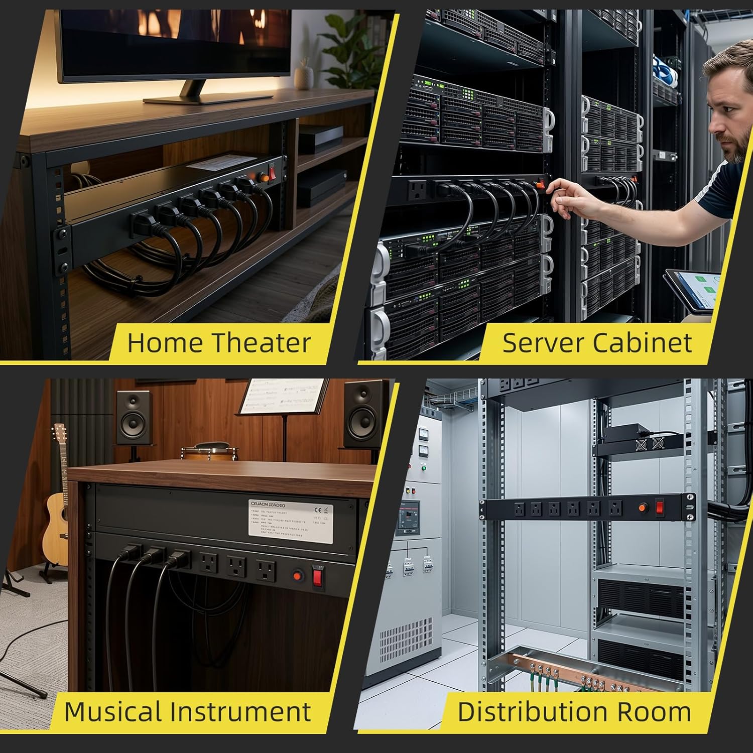12-Outlet 1U Rack Mount PDU Power Strip – 6 Front/6 Rear Outlets, 15A 120V, 10ft Cord with Right-Angle Plug – for Server, Network & AV Racks
