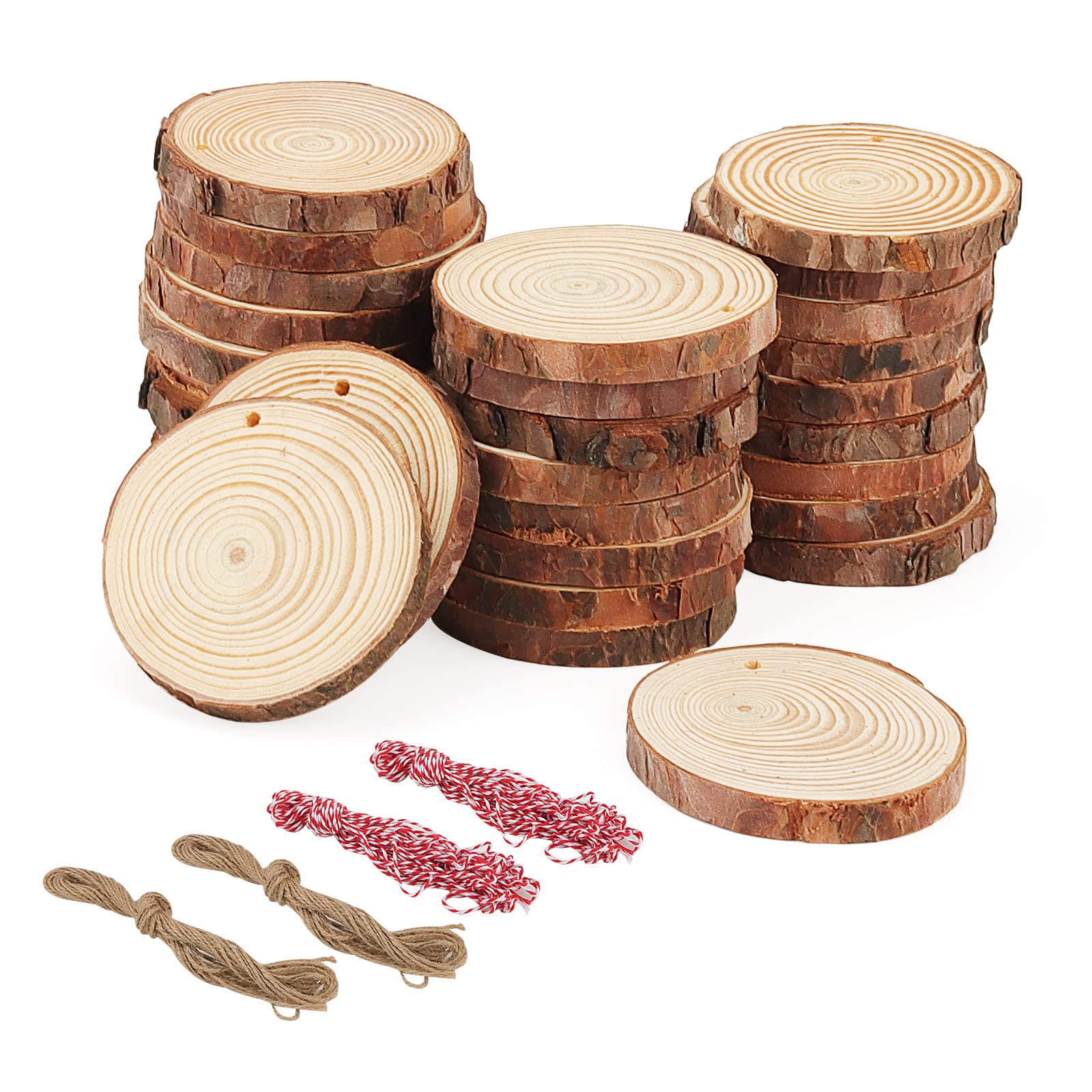 ZEONHAK 30 PCS 7-8cm Craft Log Wood Slices, Nutural Wooden Circles with Hole Hanging Rope