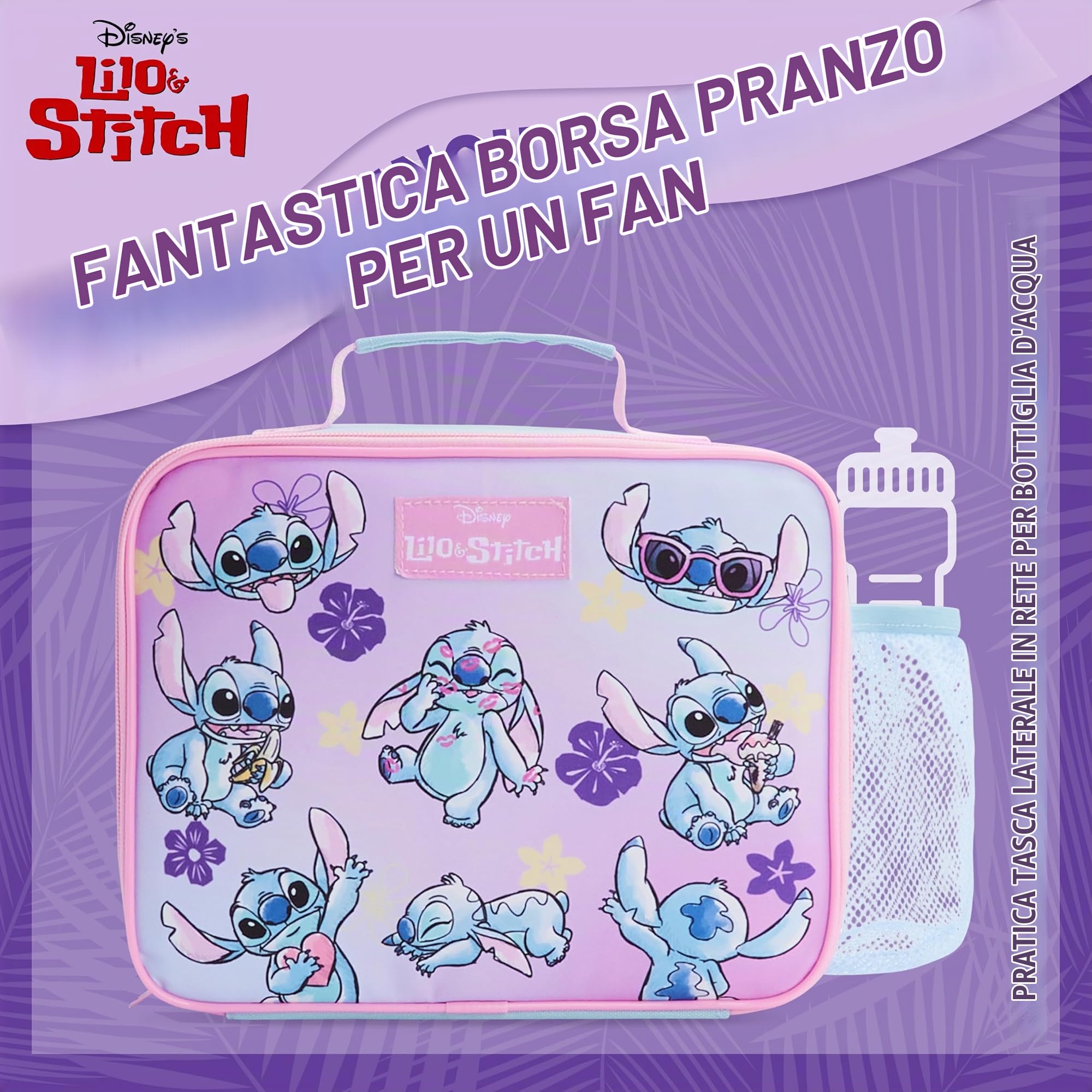 Disney Stitch Borsa Termica Bambini con Fodera Isolante, Borsa Frigo Bambina per Scolastici, Viaggi (Rosa/Blu)