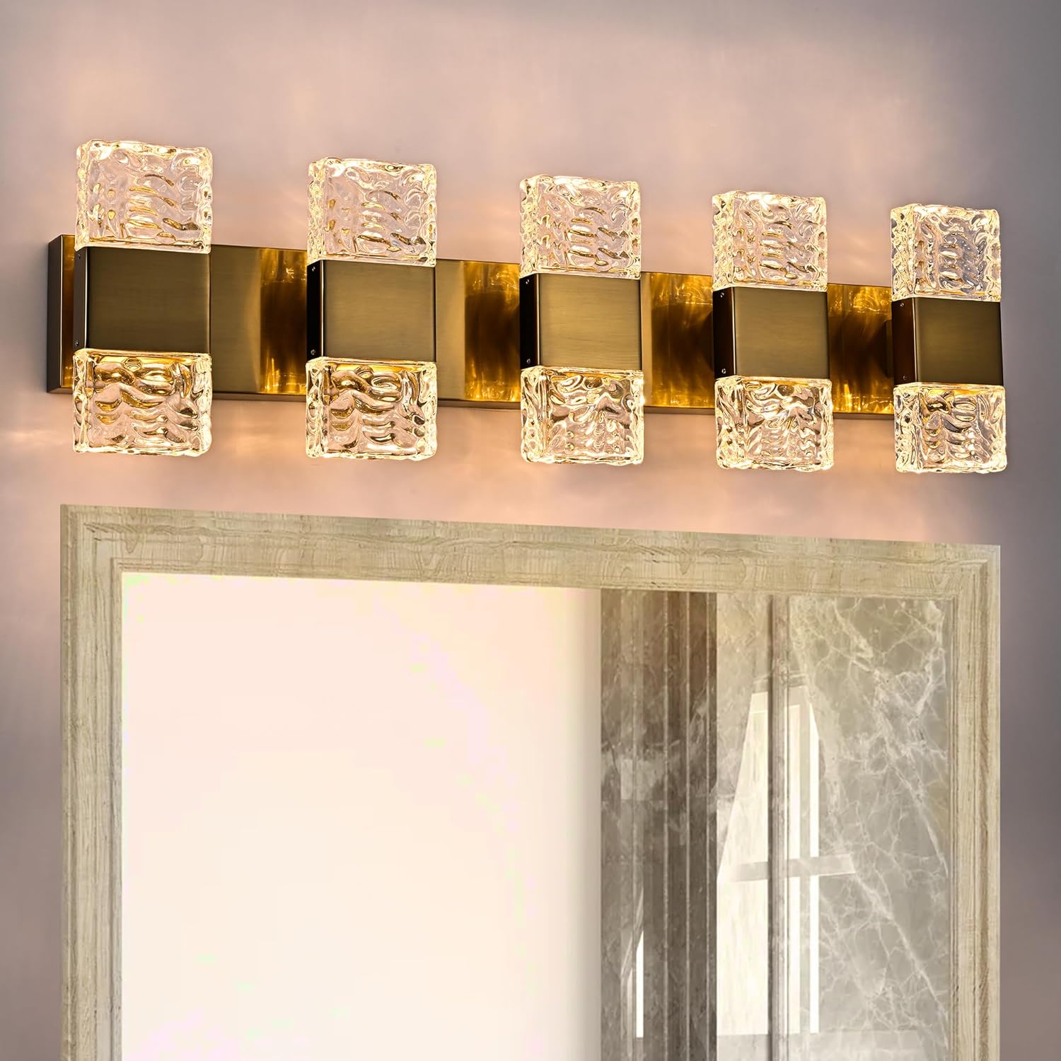 MELUCEE 5 Lights Brass Crystal Vanity Light Bar LED Bathroom Lights Over Mirror Wall Mount, 30.3-Inch 40W LED Modern Vanity Lighting Fixtures for Bath Restroom Powder Room, 3000K Warm Lighting