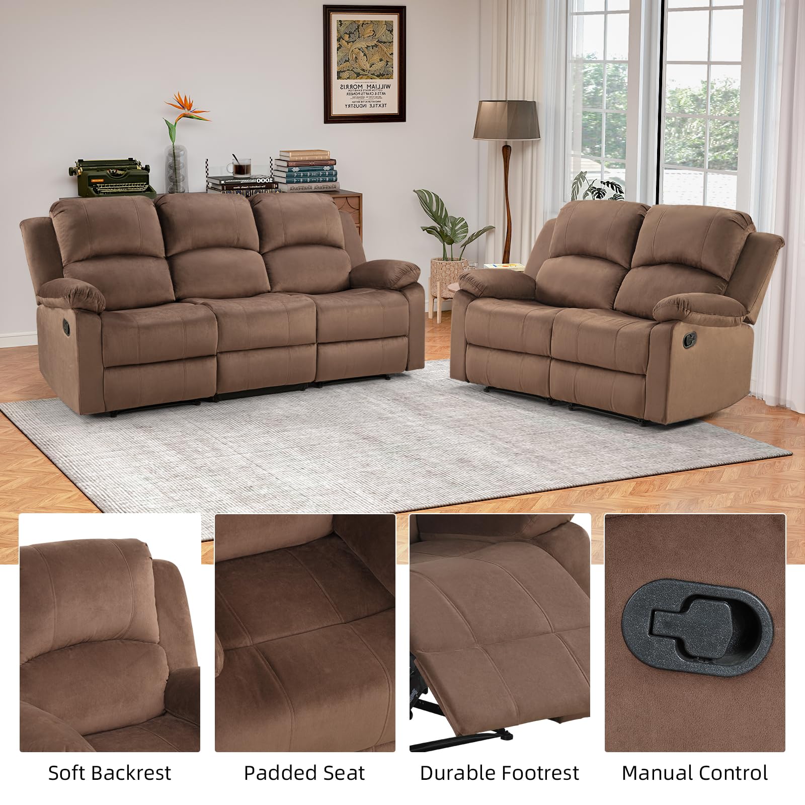 EBELLO Manual Reclining Couch Set for Living Room, Include 1 Loveseat, 3 Seat Sofa, Modern Microfiber Recliner Sofa Furniture Set for Home and Office, Brown view 3