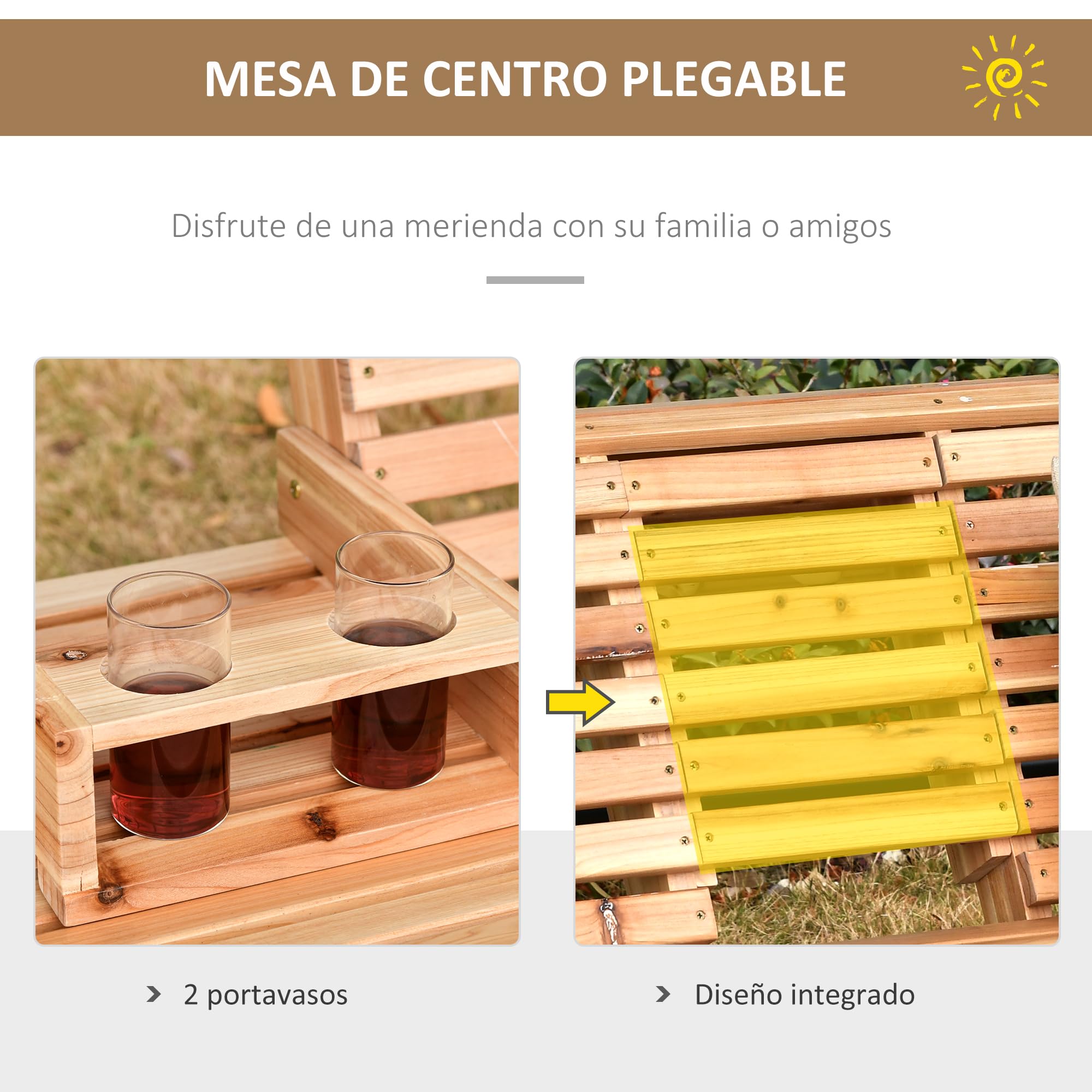 Outsunny Banco Columpio de 2-3 Plazas Banco Colgante de Madera con Mesa de Centro Plegable 2 Portavasos y Reposabrazos Carga 200 kg para Jardín Terraza Balcón 150x75x53 cm Natural