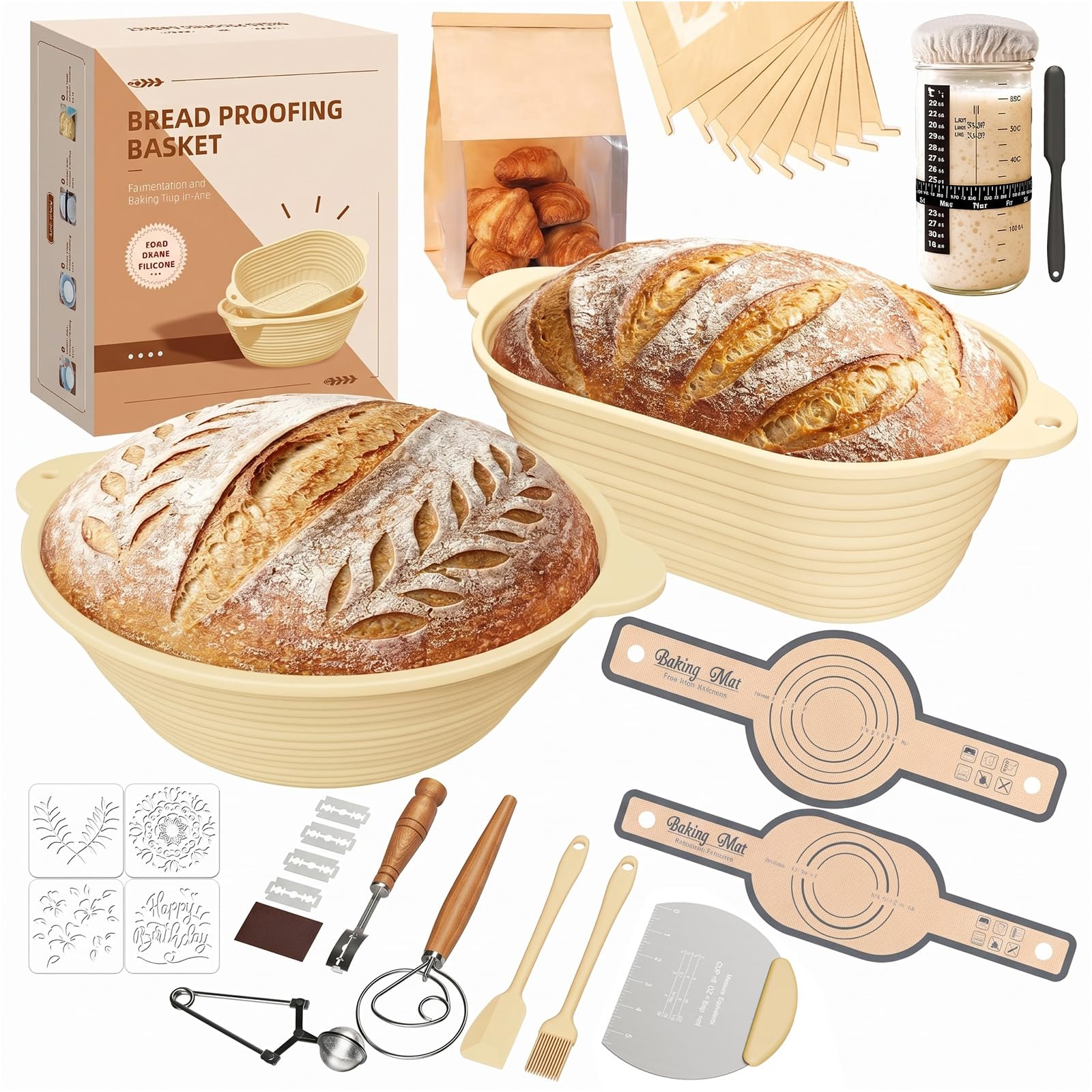 MQFORU 30 Stück Sauerteig Starter Set Silikon, 28cm Rund & 29cm Oval Gärkörbchen