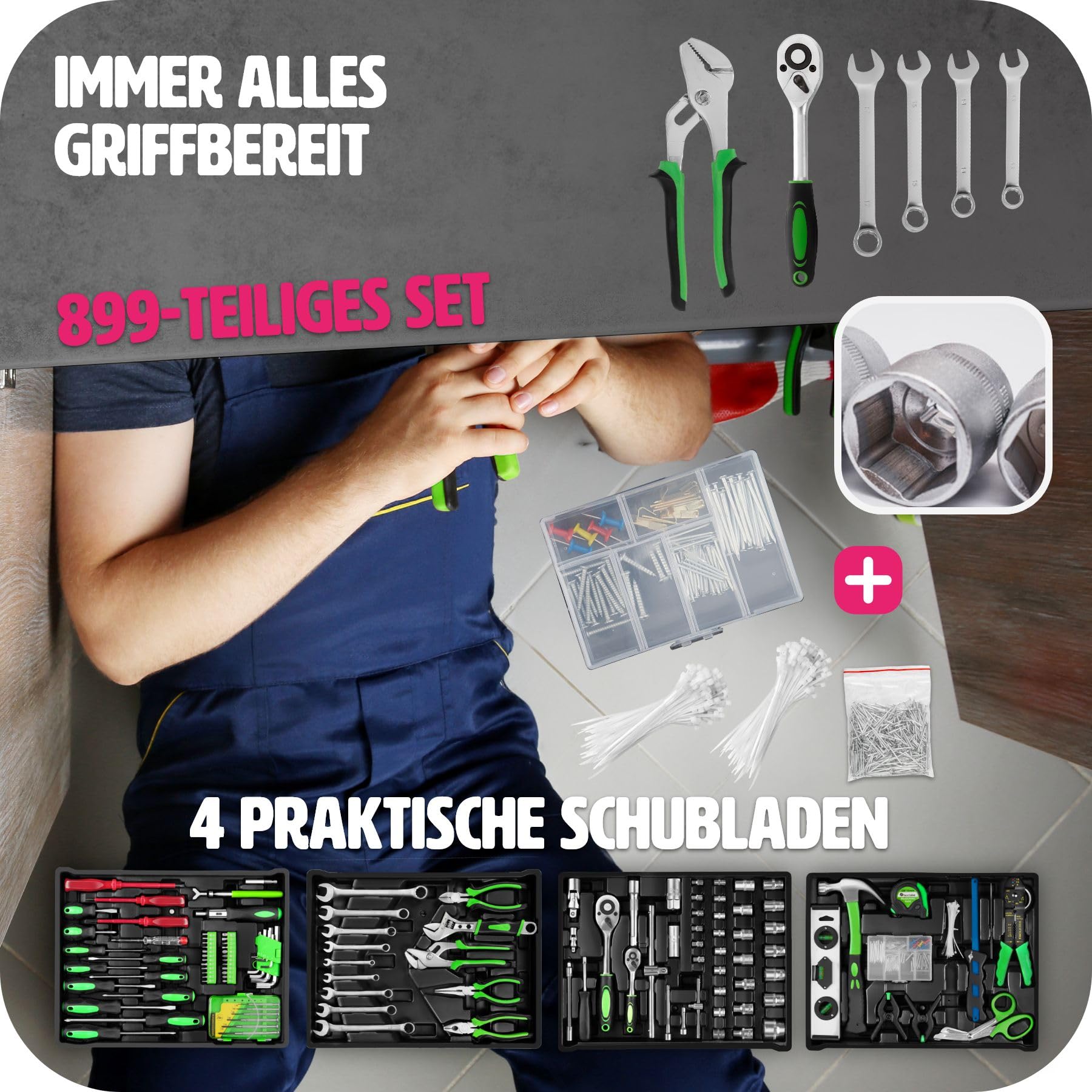 tectake® Werkzeug Set im Aluminium Koffer, Werkzeugkoffer gefüllt 899-tlg., Tool Werkzeugwagen fahrbar, Trolley mit 4 Schubladen, Teleskopgriff, Werkzeugkiste groß für Profi und Haushalt - schwarz