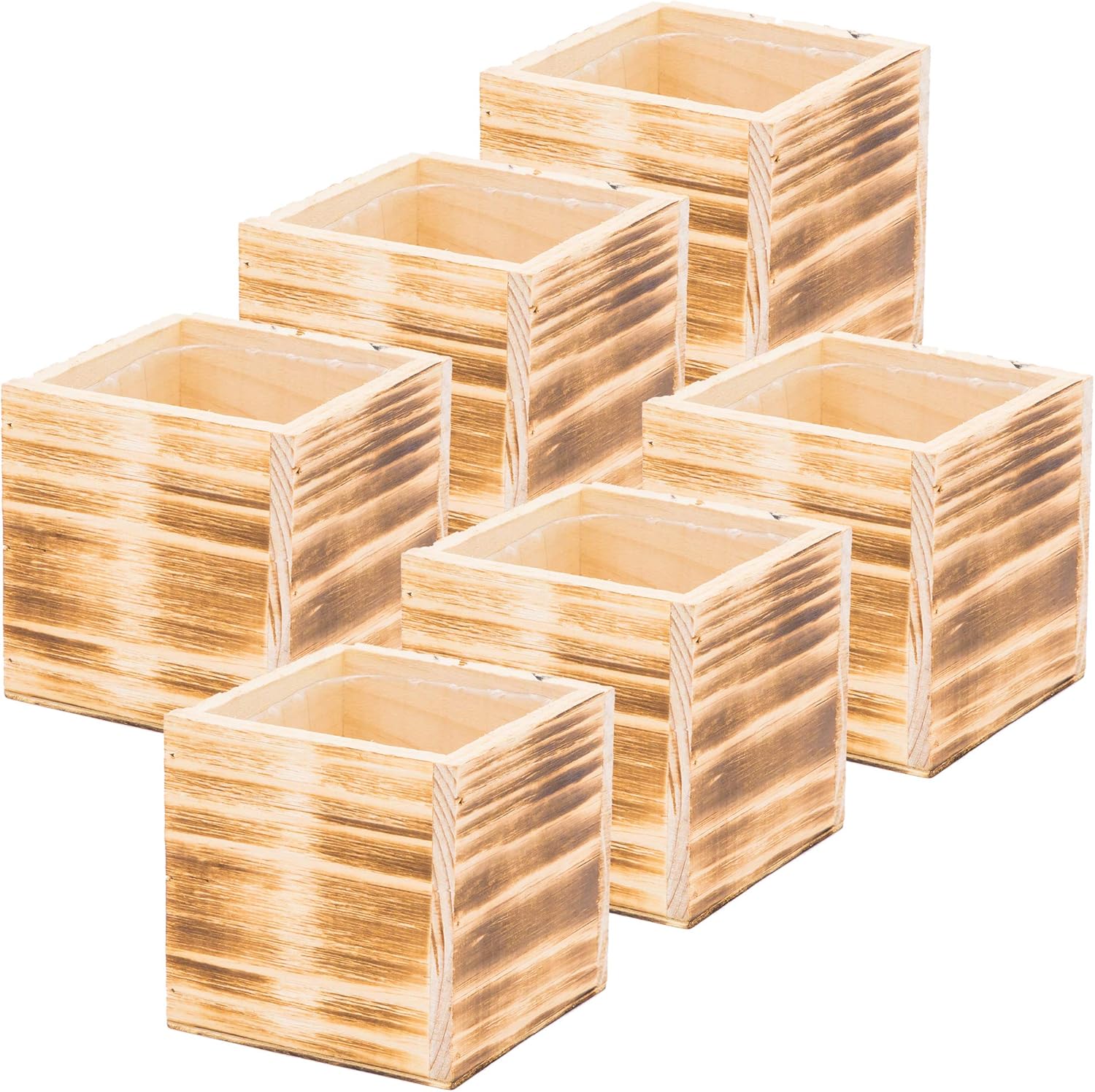 CBT Floral & Craft Wood Planter Box 4 Inch Square, Burned Wood Color, Plastic Liner, Garden Centerpiece Display, Wedding Flowers Holder, Home and Venue Decor, (Set of 6) (Burned Wood)