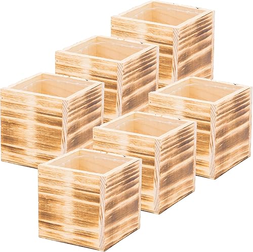 Maceta de madera cuadrada de 4 pulgadas, color madera quemada, forro de plástico, exhibición de centro de mesa de jardín, soporte de flores de boda,