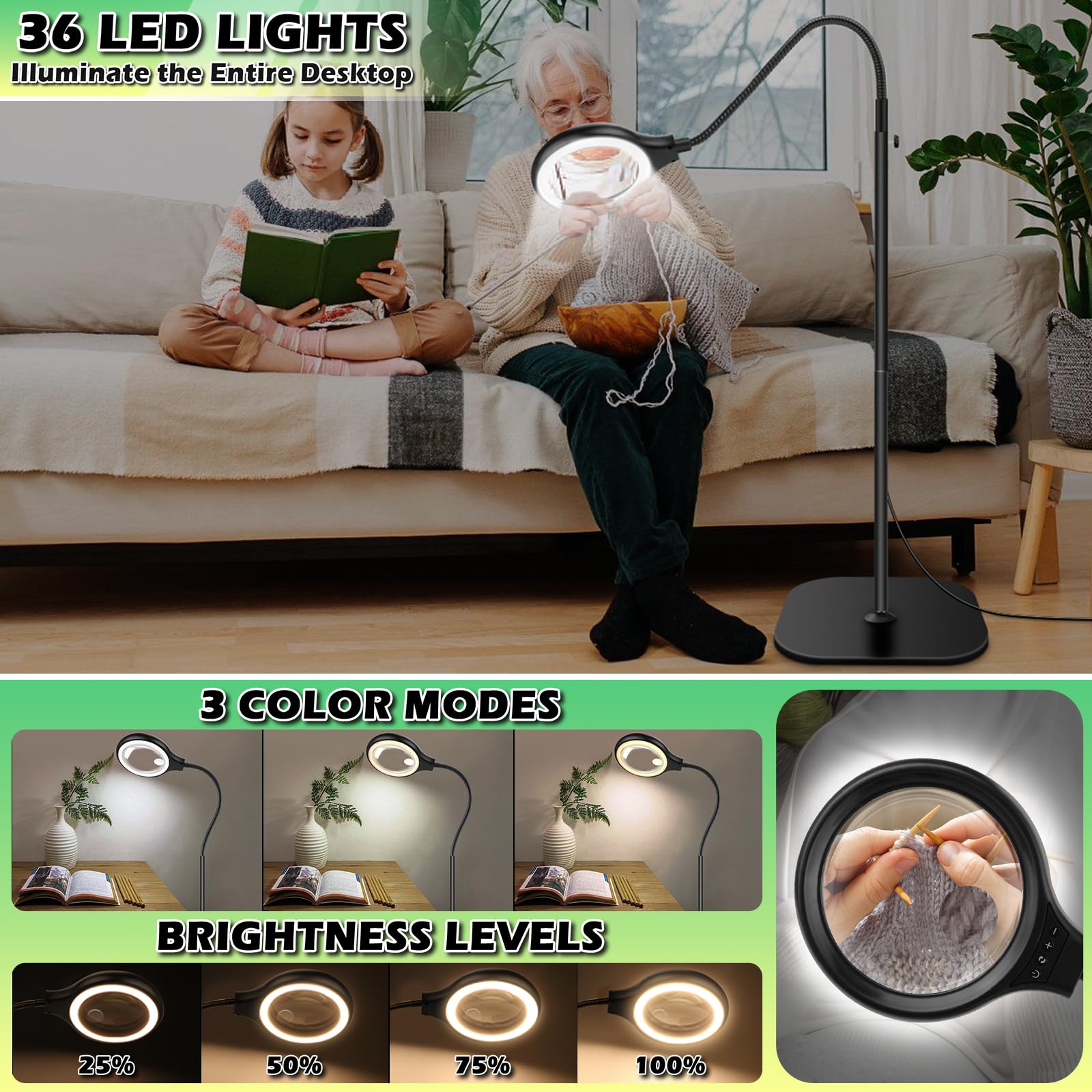 NZQXJXZ 3 en 1 Lupa con Luz y Soporte, 30X 10X Lámpara de Aumento de Pie | con Cuello de Cisne Flexible con 36 LED, 3 Modos de Color, Lupa de Escritorio con Abrazadera para Leer, Coser y Pasatiempos