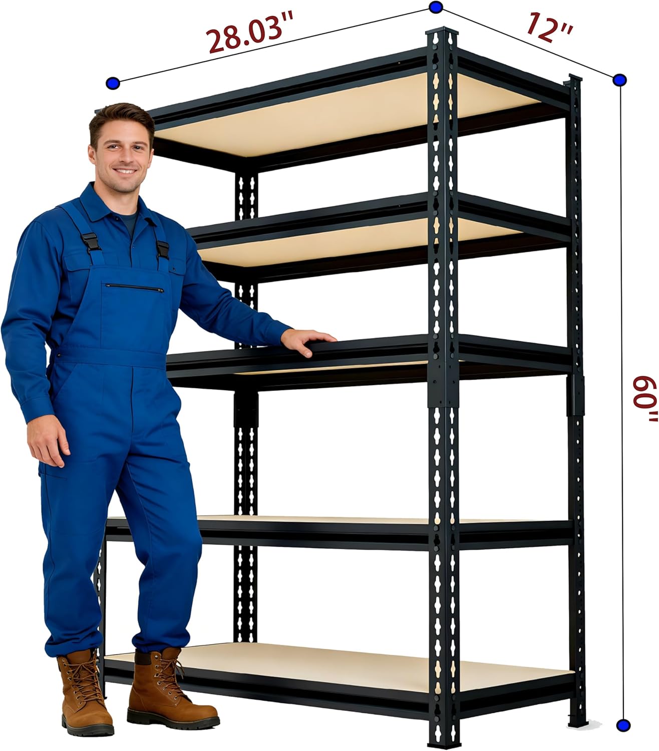 60" H x 28.03" W x 12" D Utility Shelves for Kitchen Pantry: 5-Shelf Storage-Rack Adjustable Metal+Wood Steel Stand Closet/Garage Shelving Unit Organizer System for Basement, Small (Black) - Image 3