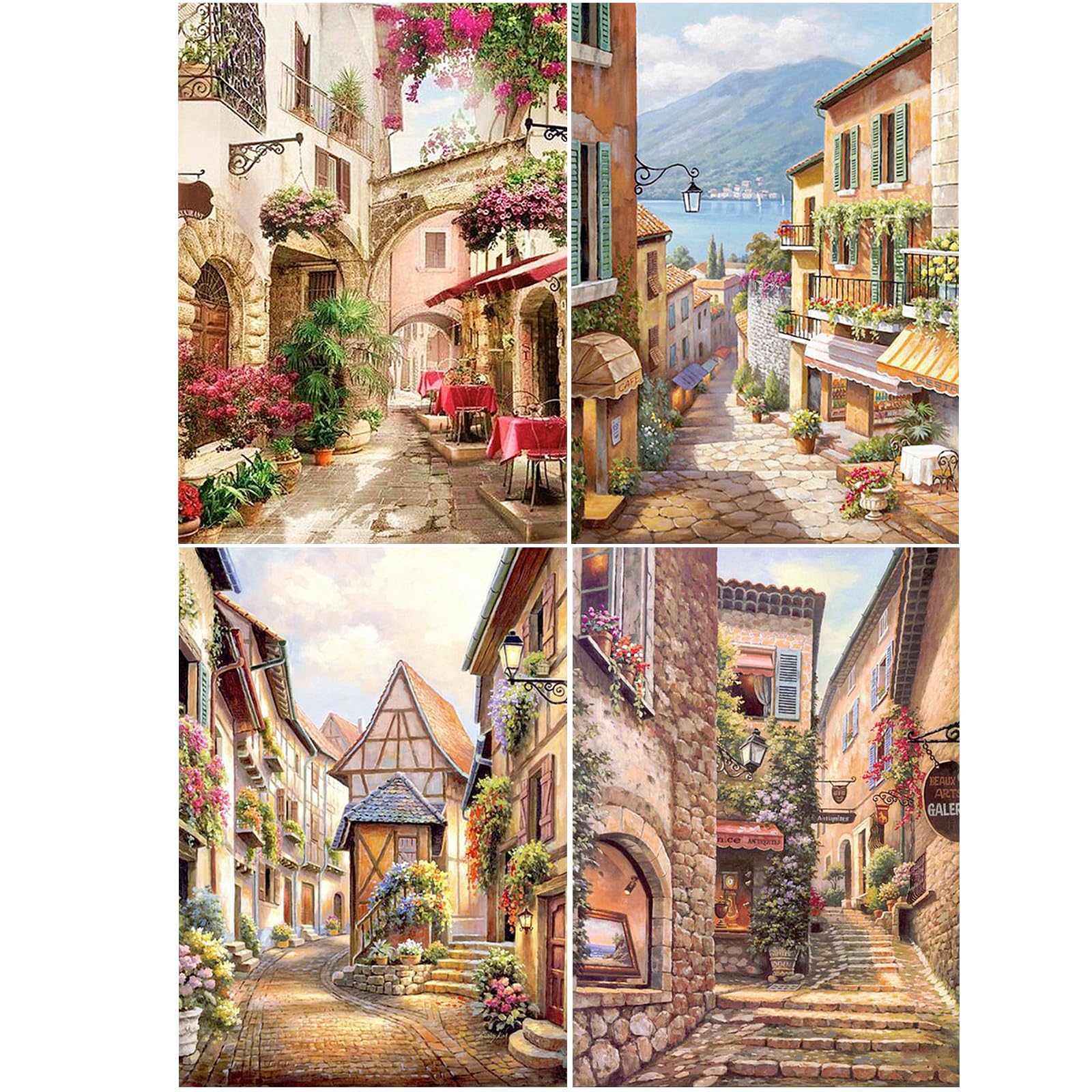 SHEGZHUC Set di 4 quadri diamantati 40 x 50 cm 5D - pittura con diamanti con fiori rossi, sedie da tavolo e paesaggi al mare - galleria