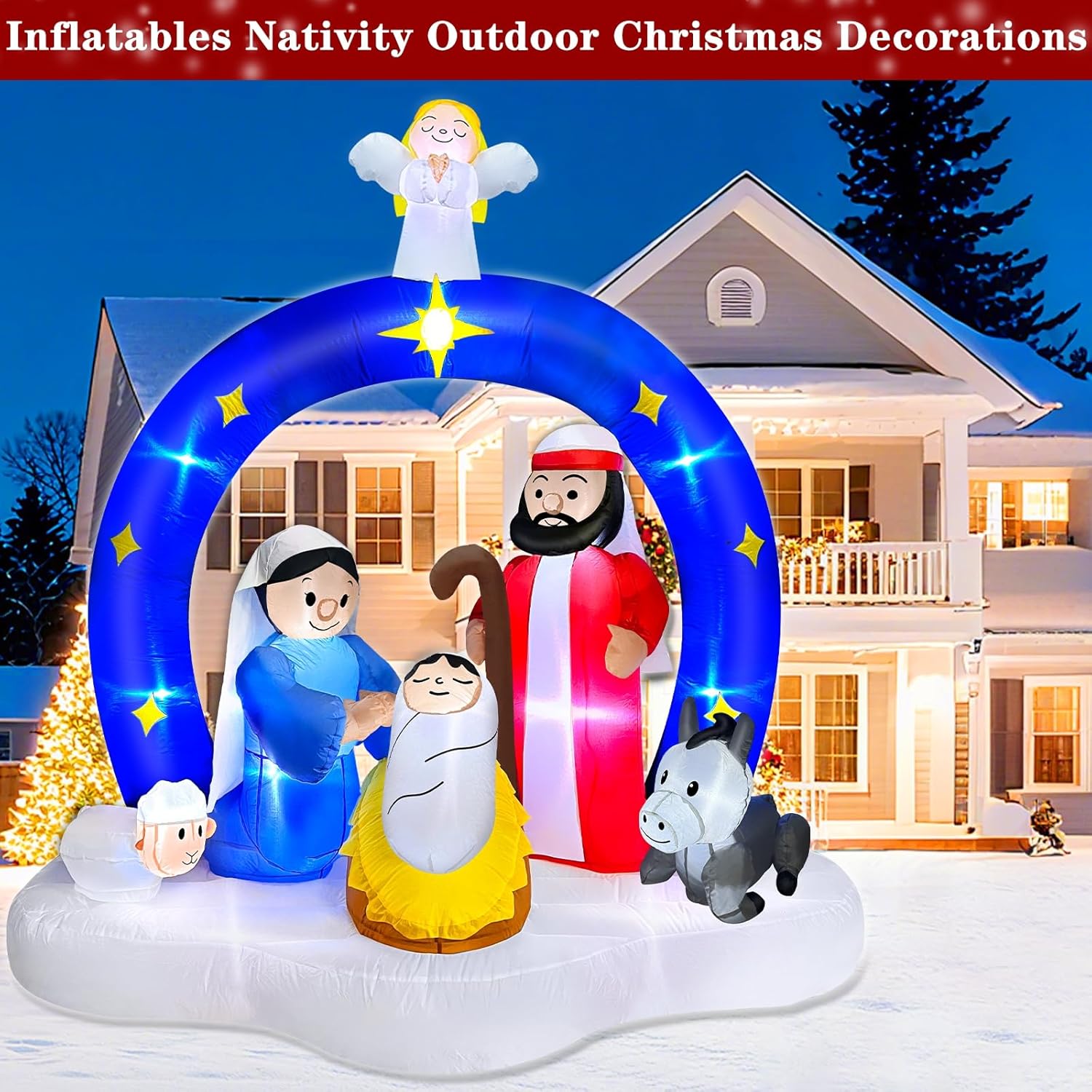 7 FT Tall Christmas Inflatables Nativity Scene with Angel Archway Outdoor Decorations, Blow Up Nativity Set LED Lighted The Birth of Jesus Scene Christmas Outdoor Inflatable Decor for Yard Garden