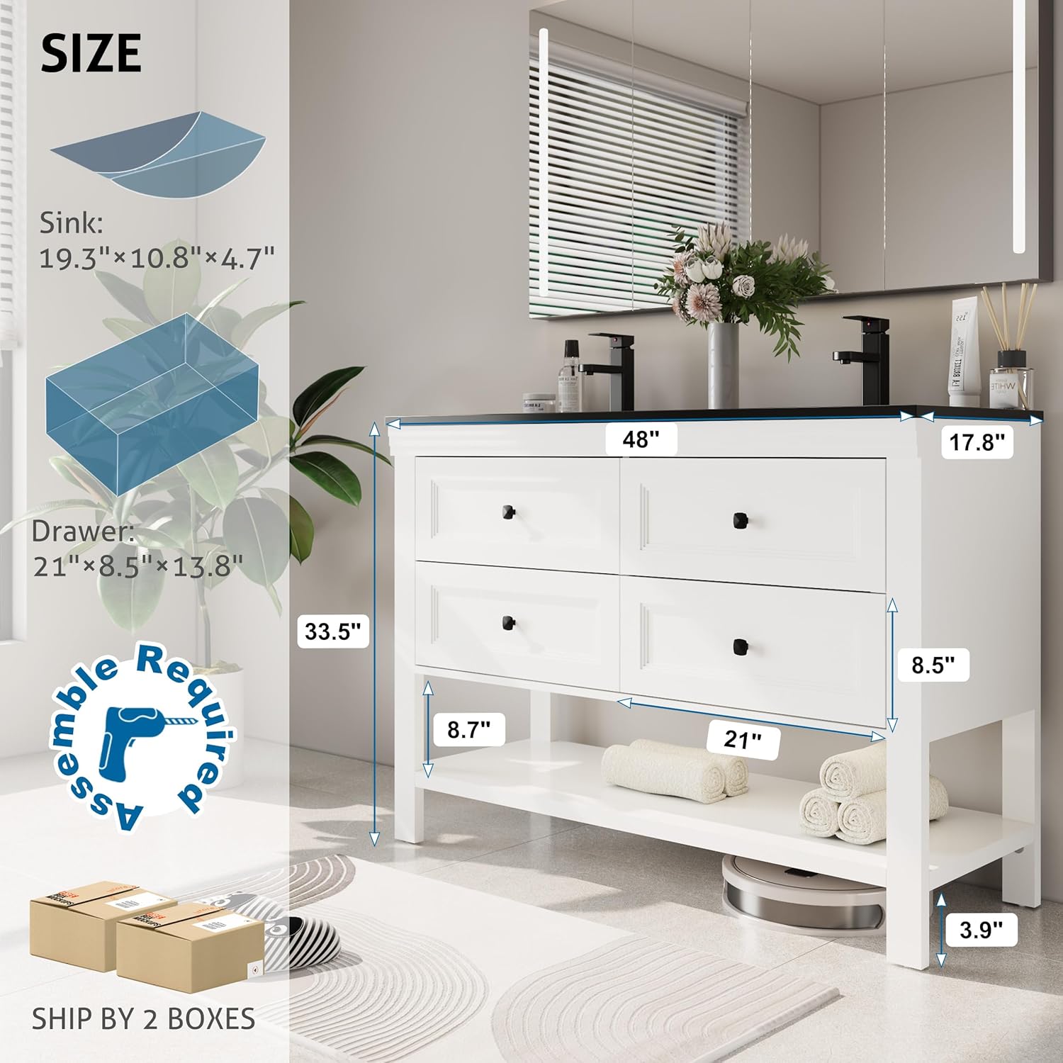 eclife 48" Bathroom Vanity with Sink Combo, Modern Painted Vanities Cabinet with Big Drawers, Opening Bottom Shelf, Raised Foot Pads, Include Undermount Black Sink, Faucet & Drain, White