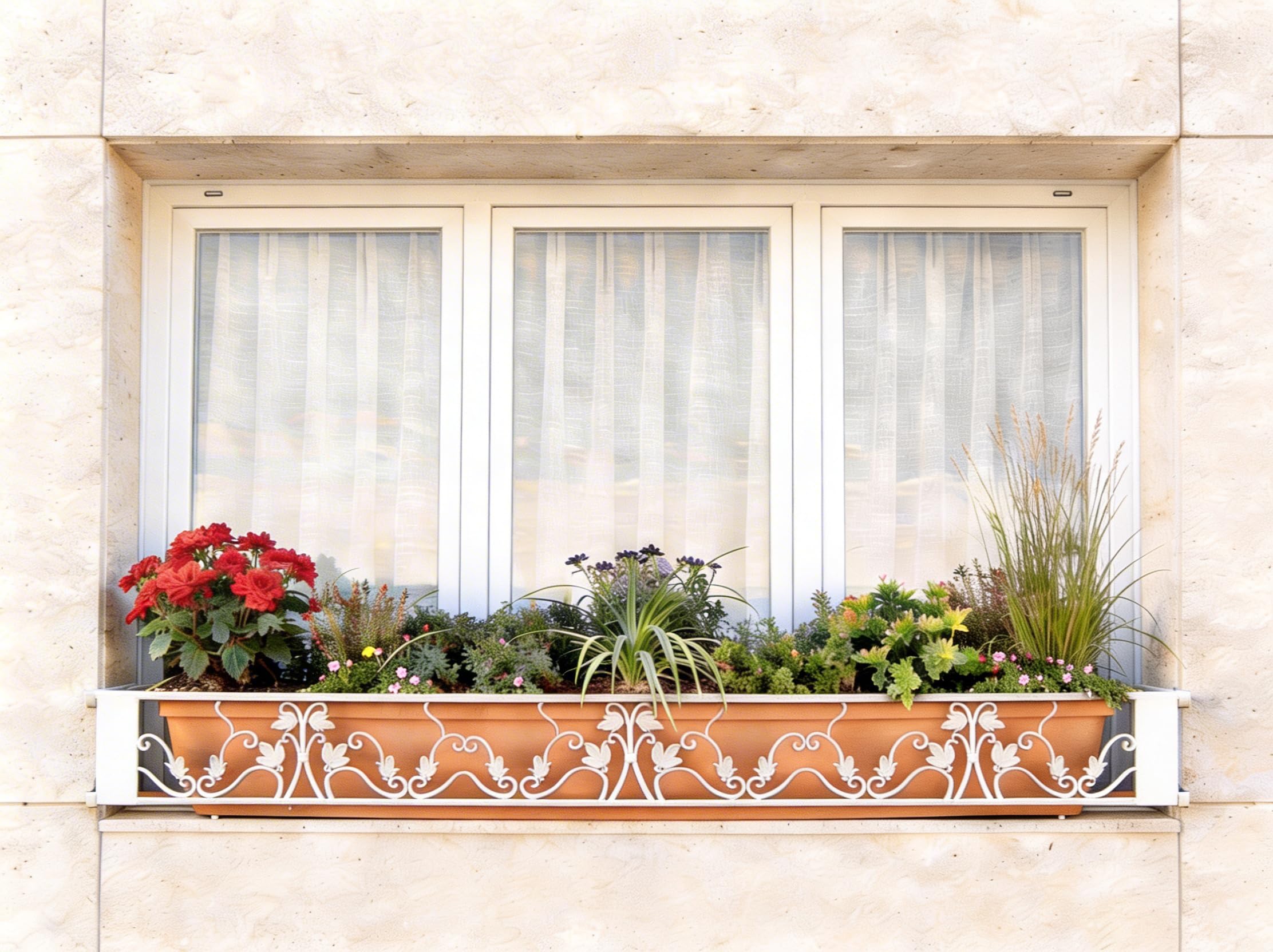Balconcillo para Macetas, Balconcillo para Plantas, Portamacetas Ventana, Protector de macetas, Modelo Floral Extensible 140-200 cm, Blanco
